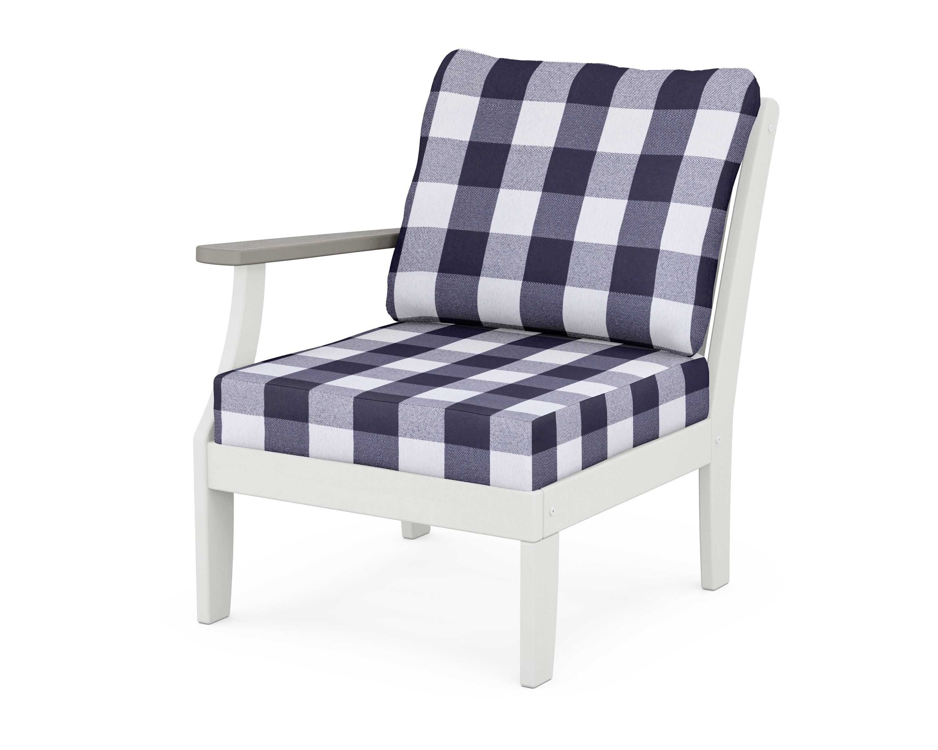 POLYWOOD® Braxton Modular Left Arm Chair in White / Driftwood / Buffalo Plaid Navy
