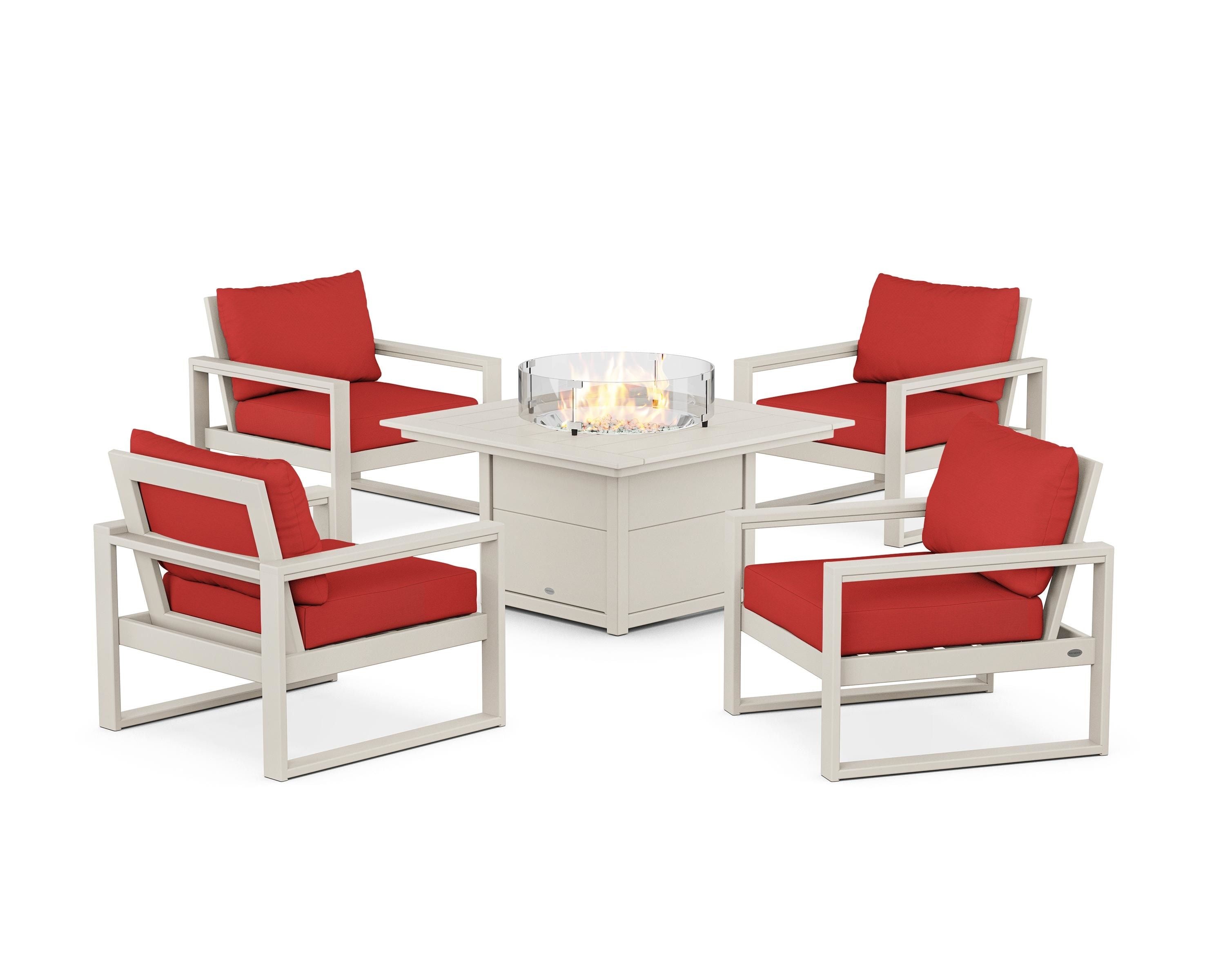 POLYWOOD® EDGE Sectional 5-Piece Deep Seating Set with Fire Pit Table in Sand / Crimson Linen