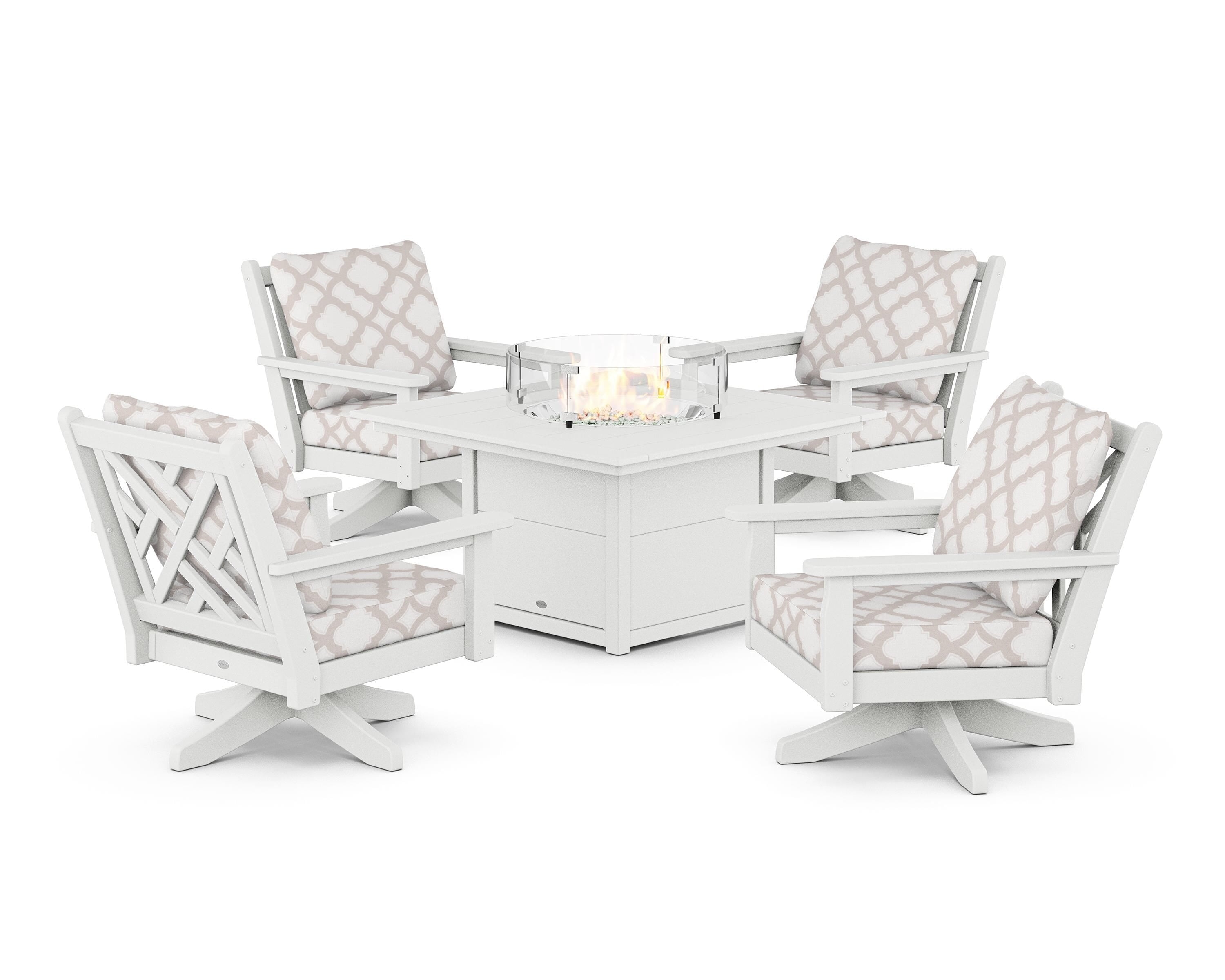 POLYWOOD® Chippendale 5-Piece Deep Seating Swivel Conversation Set with Fire Pit Table in White / Trellis Dune Burlap