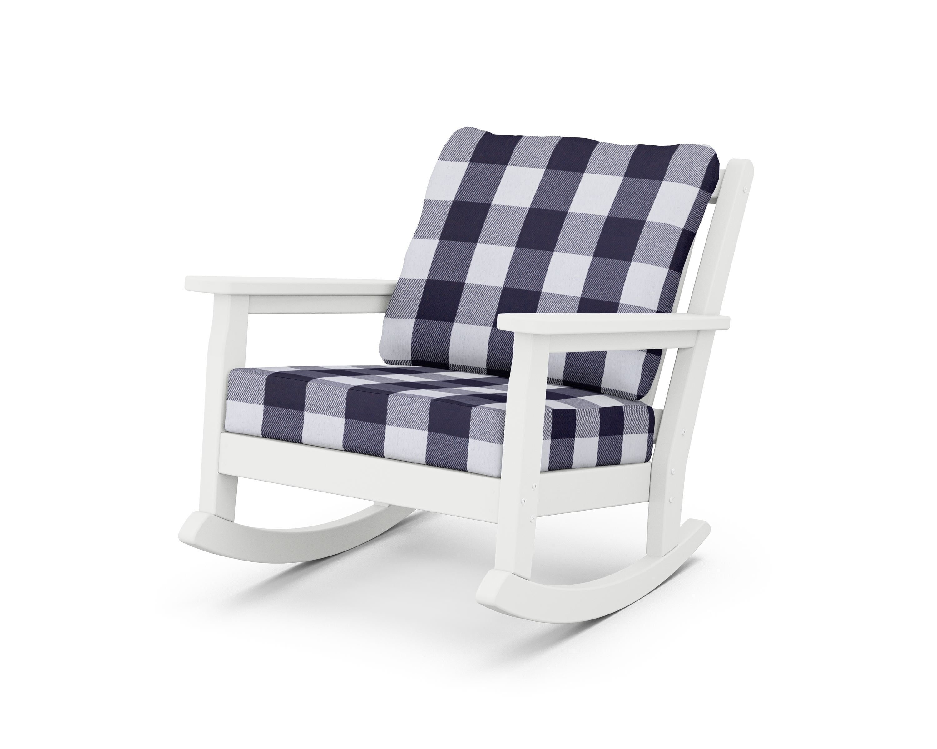 POLYWOOD® Chippendale Deep Seating Rocking Chair in White / Buffalo Plaid Navy
