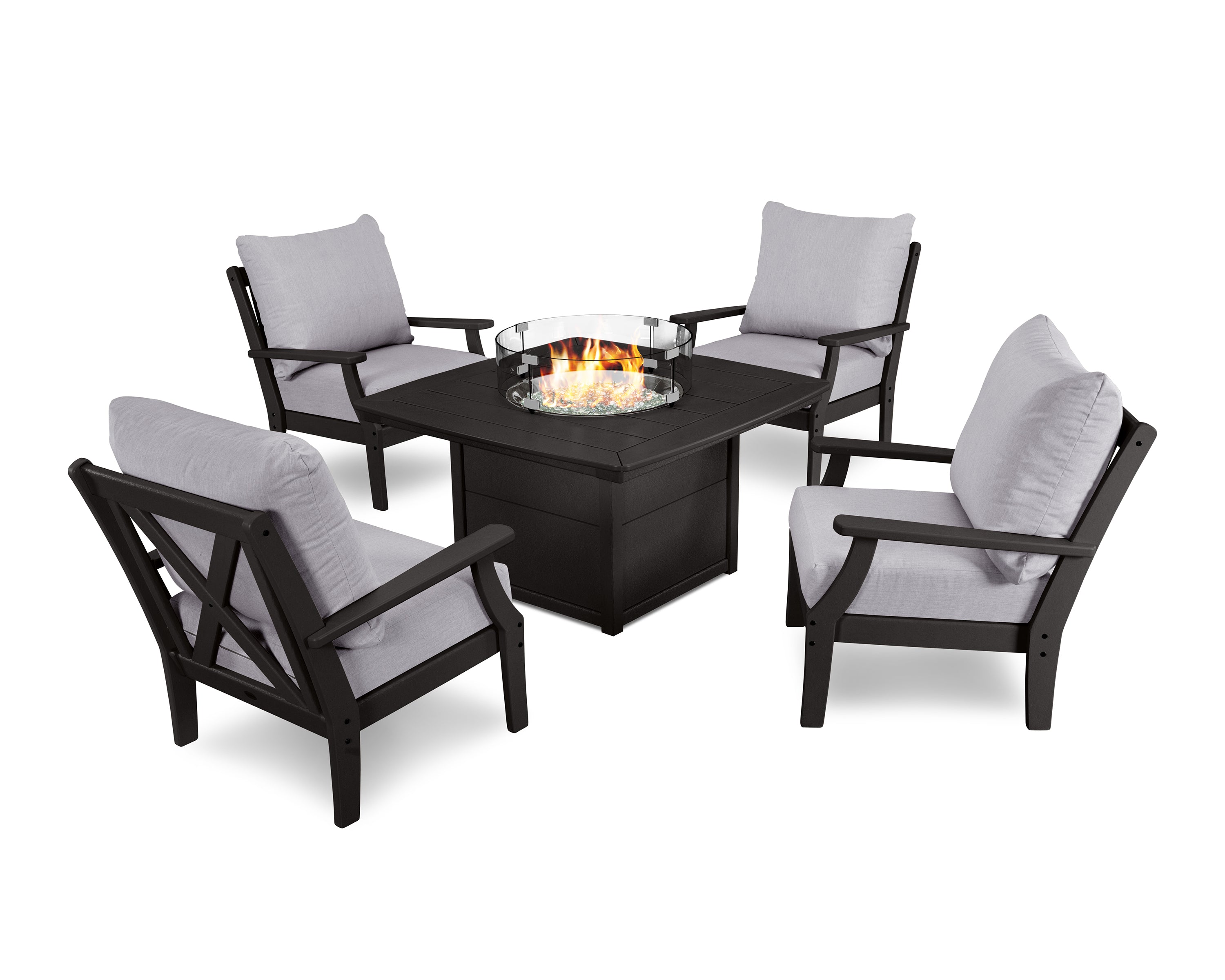 POLYWOOD® Braxton 5-Piece Deep Seating Conversation Set with Fire Pit Table in Black / Granite