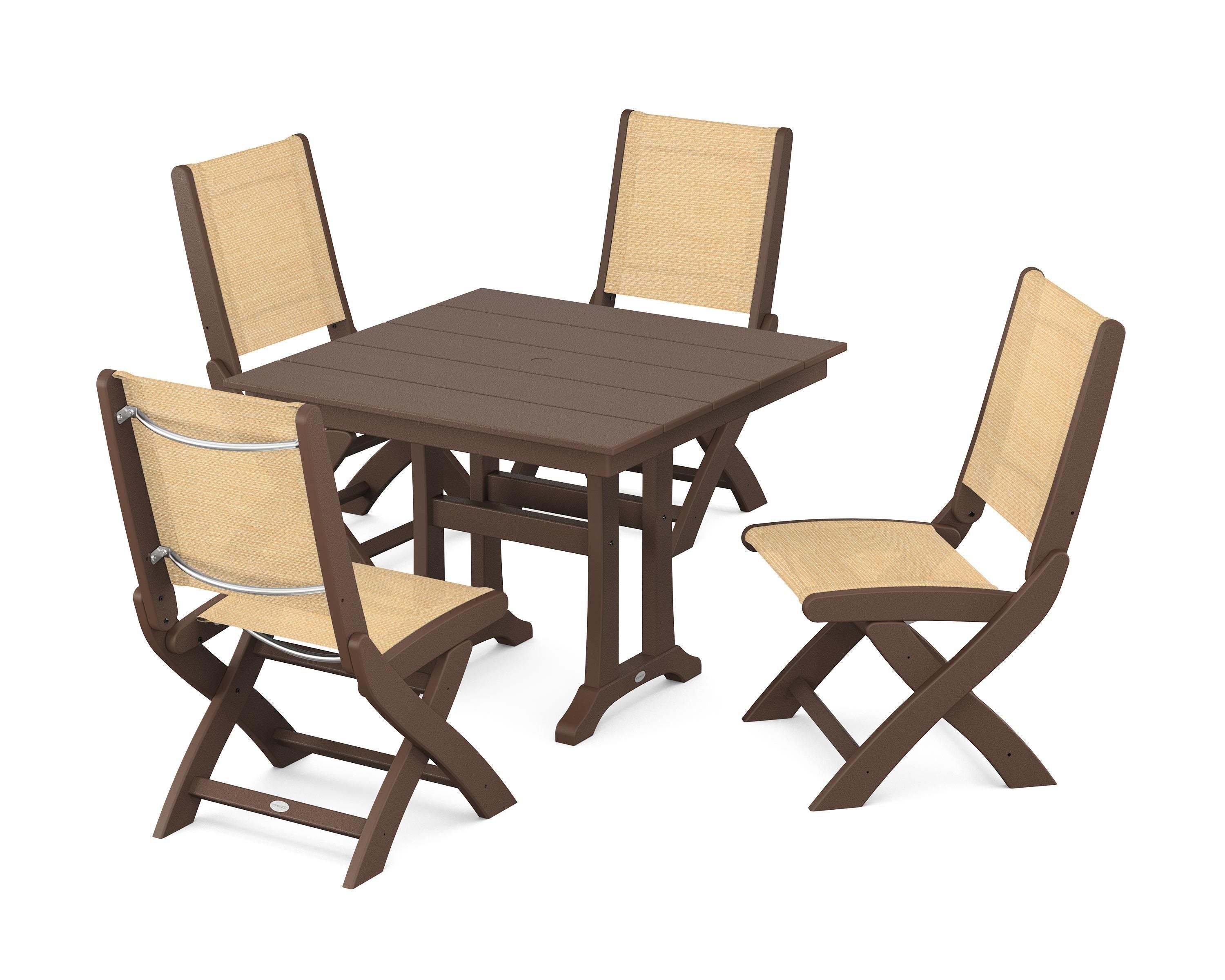 POLYWOOD® Coastal Folding Side Chair 5-Piece Farmhouse Dining Set With Trestle Legs in Mahogany / Dupioni Apricot Sling