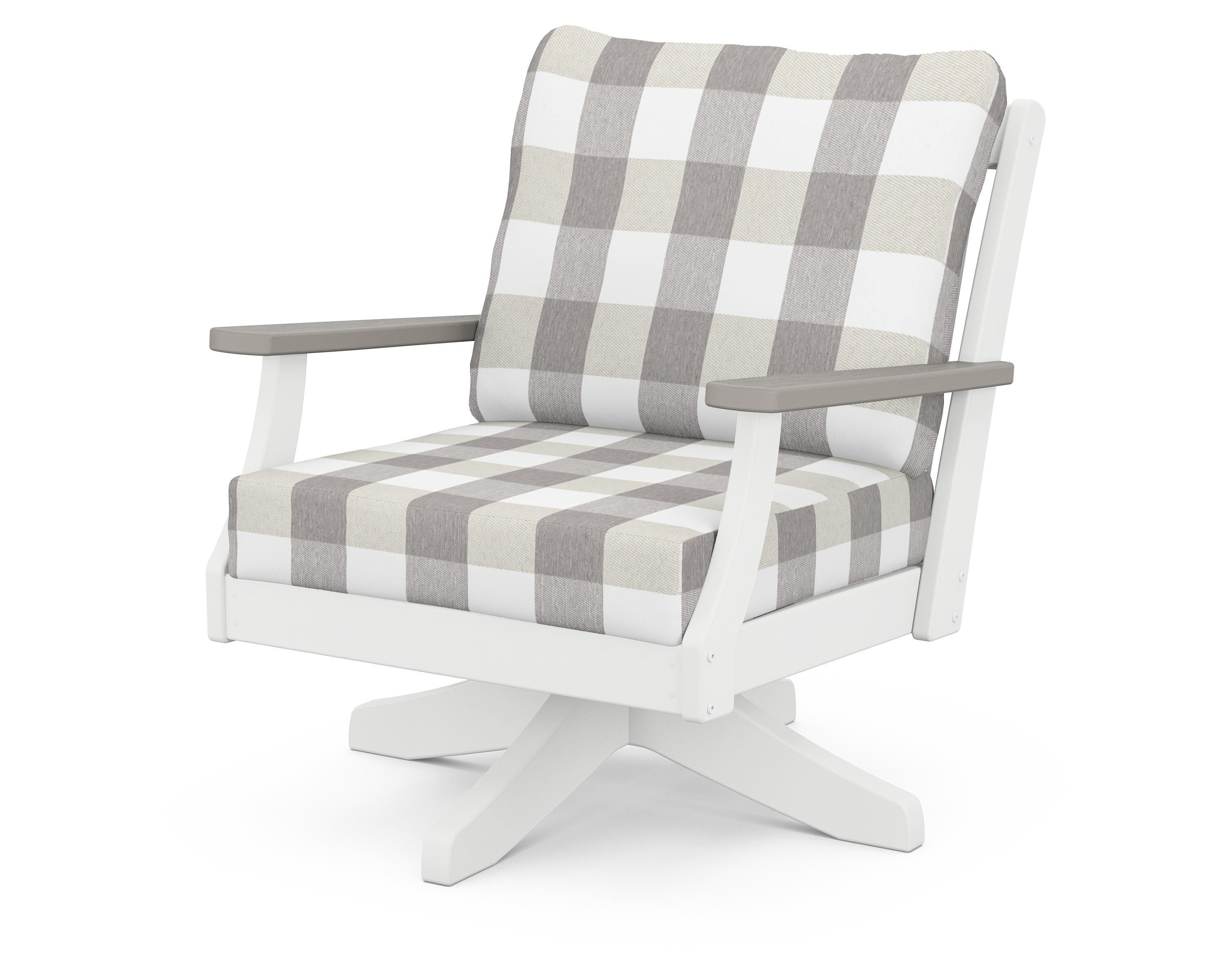 POLYWOOD® Braxton Deep Seating Swivel Chair in White / Driftwood / Buffalo Plaid Grey Mist