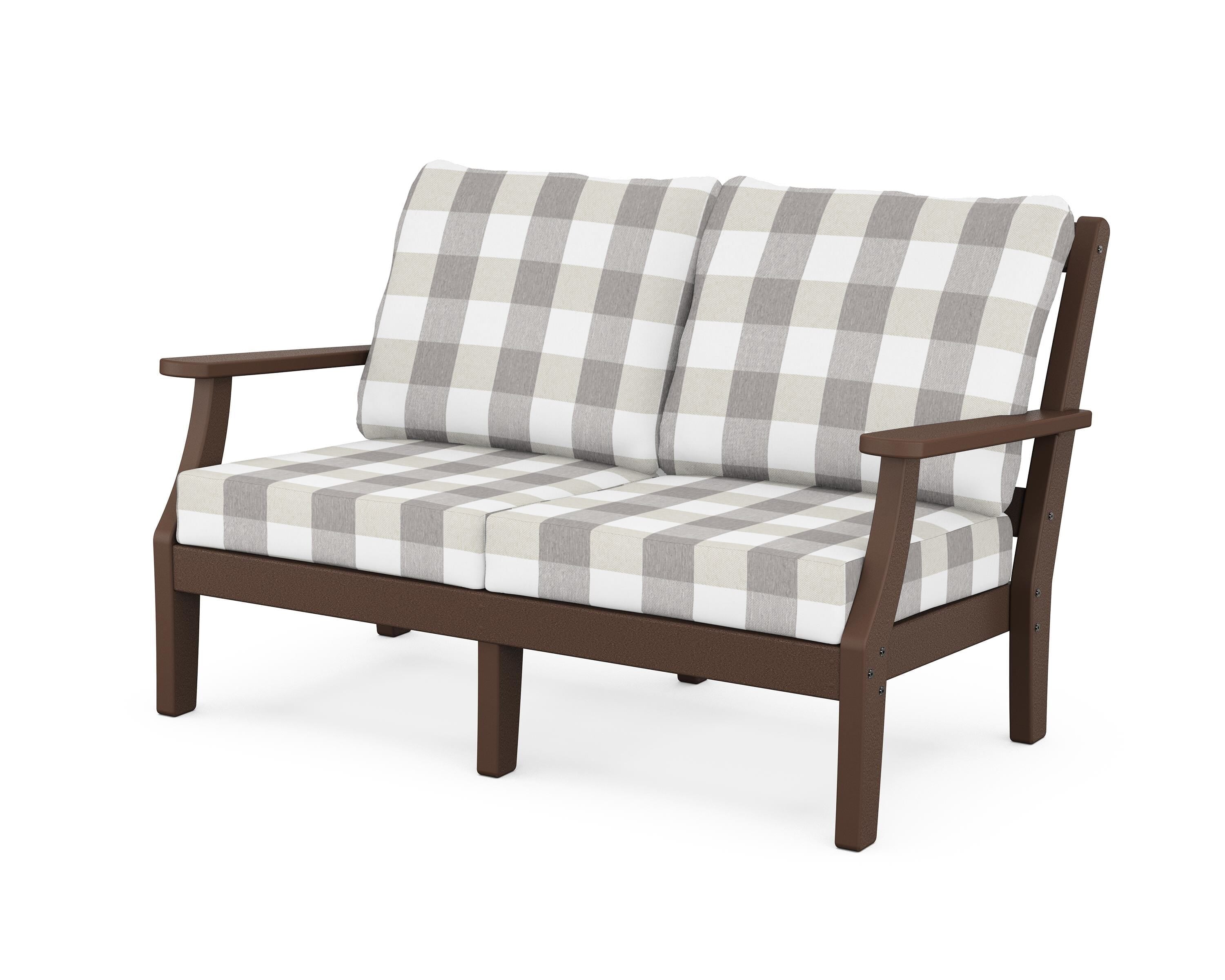 Martha Stewart by POLYWOOD® Chinoiserie Deep Seating Loveseat in Mahogany / Buffalo Plaid Grey Mist