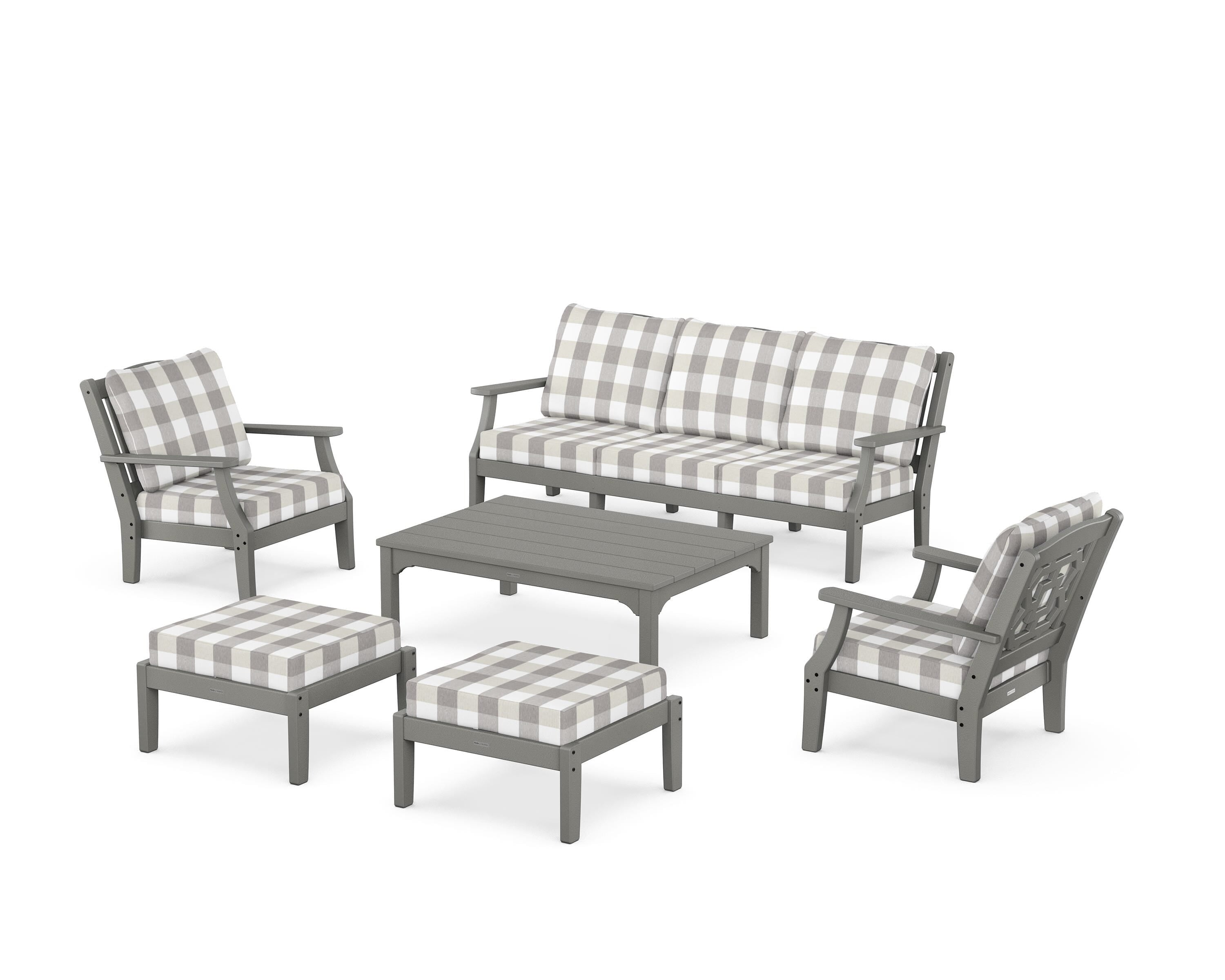Martha Stewart by POLYWOOD® Chinoiserie 6-Piece Lounge Sofa Set in Slate Grey / Buffalo Plaid Grey Mist