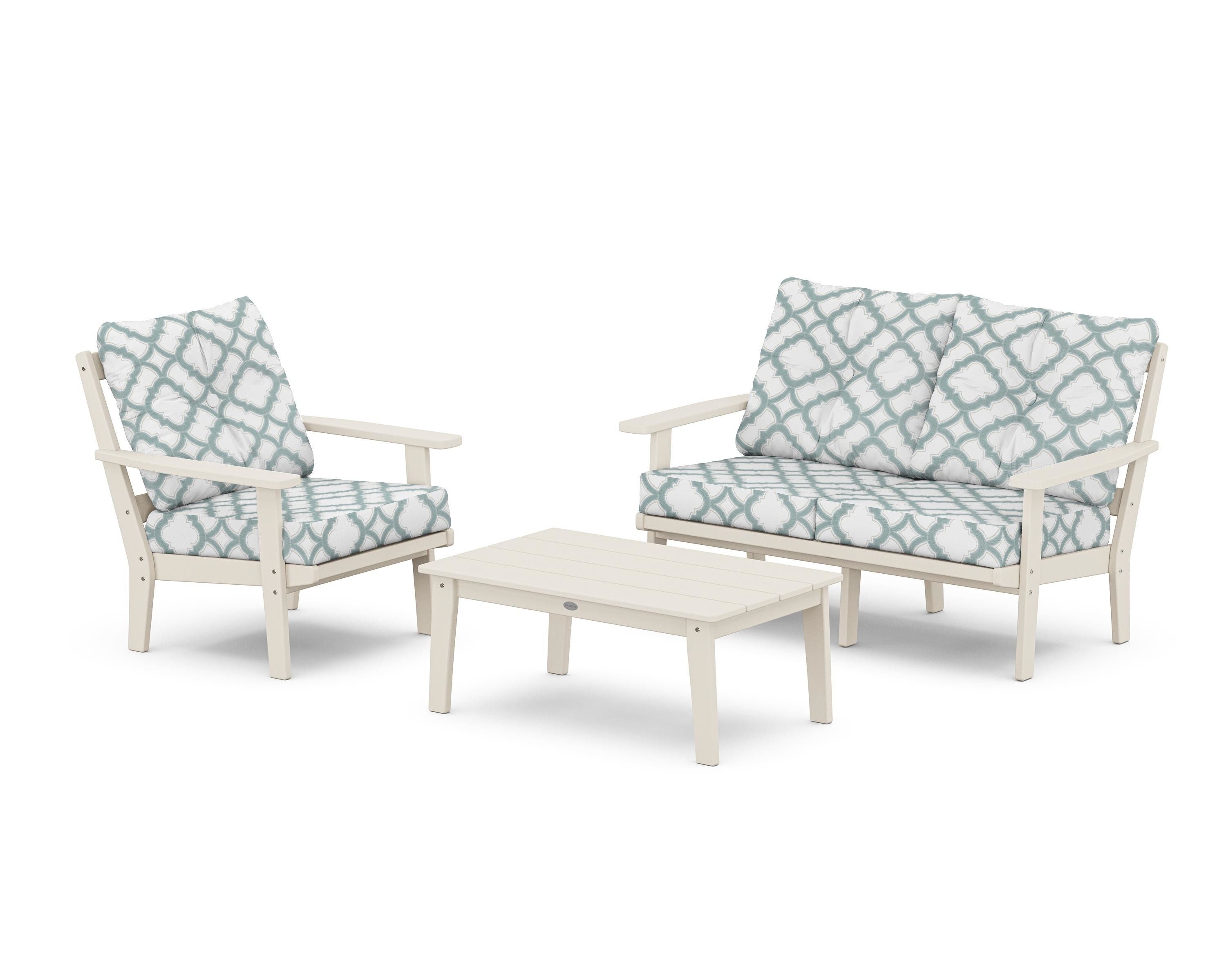 POLYWOOD® Prairie 3-Piece Deep Seating Set with Loveseat in Sand / Trellis Glacier Spa