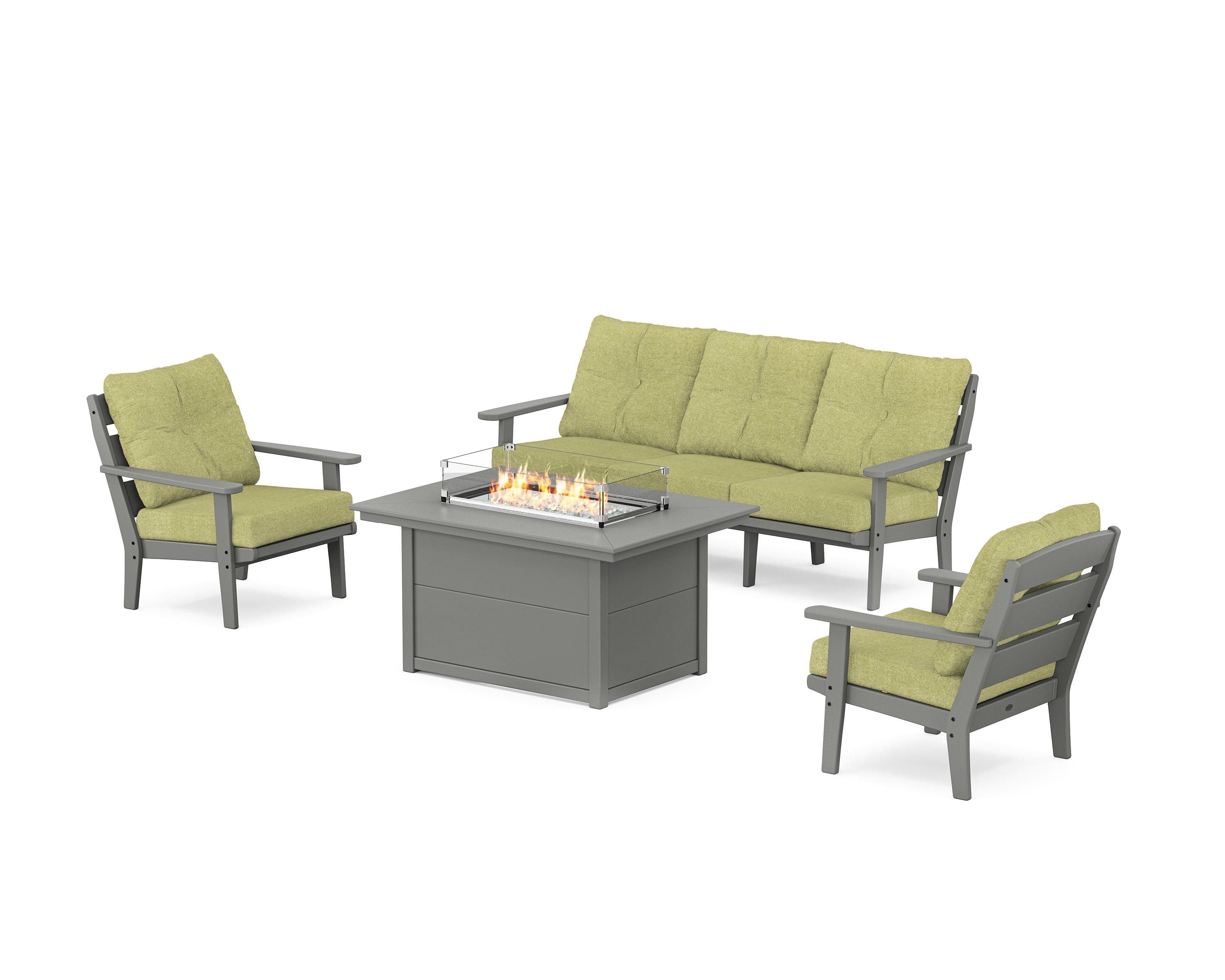 POLYWOOD® Lakeside Deep Seating Fire Pit Table Set in Slate Grey / Chartreuse Boucle