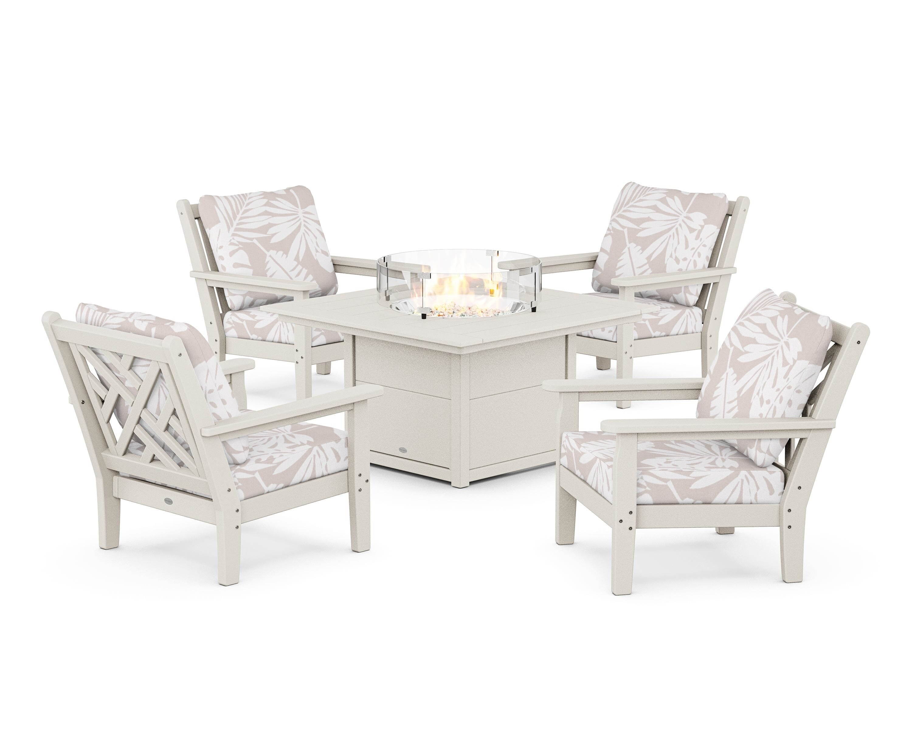 POLYWOOD® Chippendale 5-Piece Deep Seating Set with Fire Pit Table in Sand / Leaf Dune Burlap