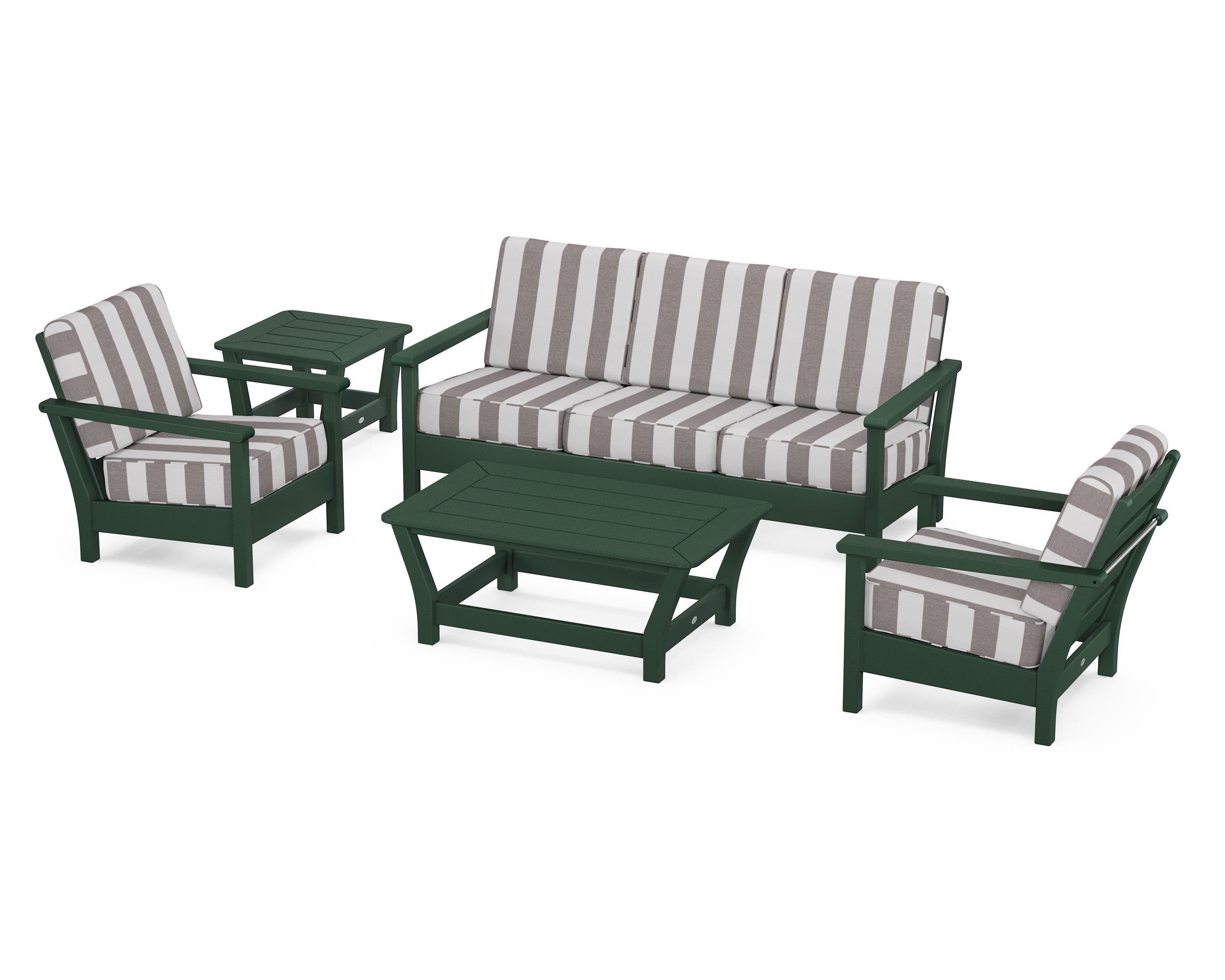 POLYWOOD® Harbour 5-Piece Deep Seating Set in Green / Cabana Stripe Grey Mist