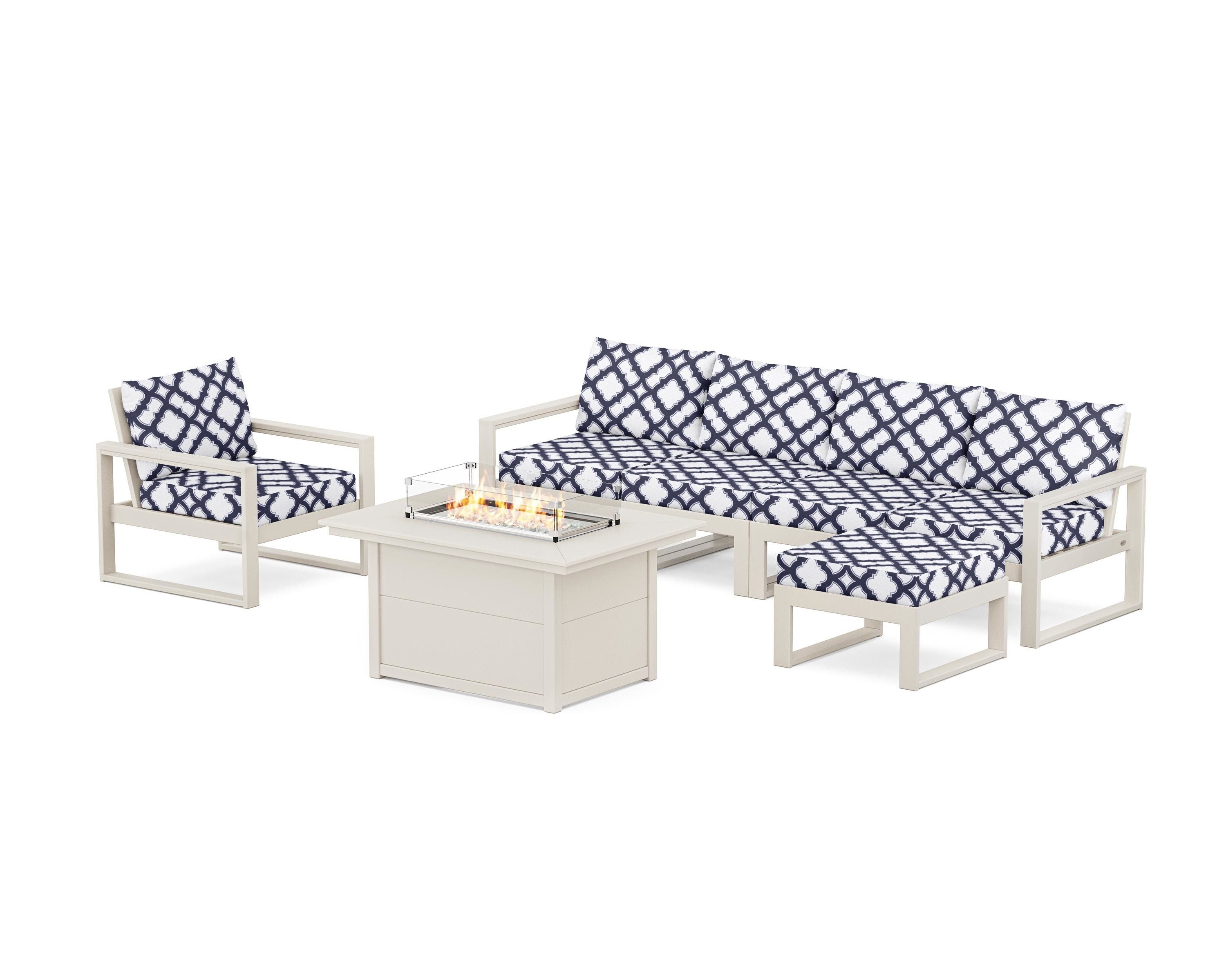 POLYWOOD® EDGE Sectional Lounge and Fire Pit Set in Sand / Trellis Navy
