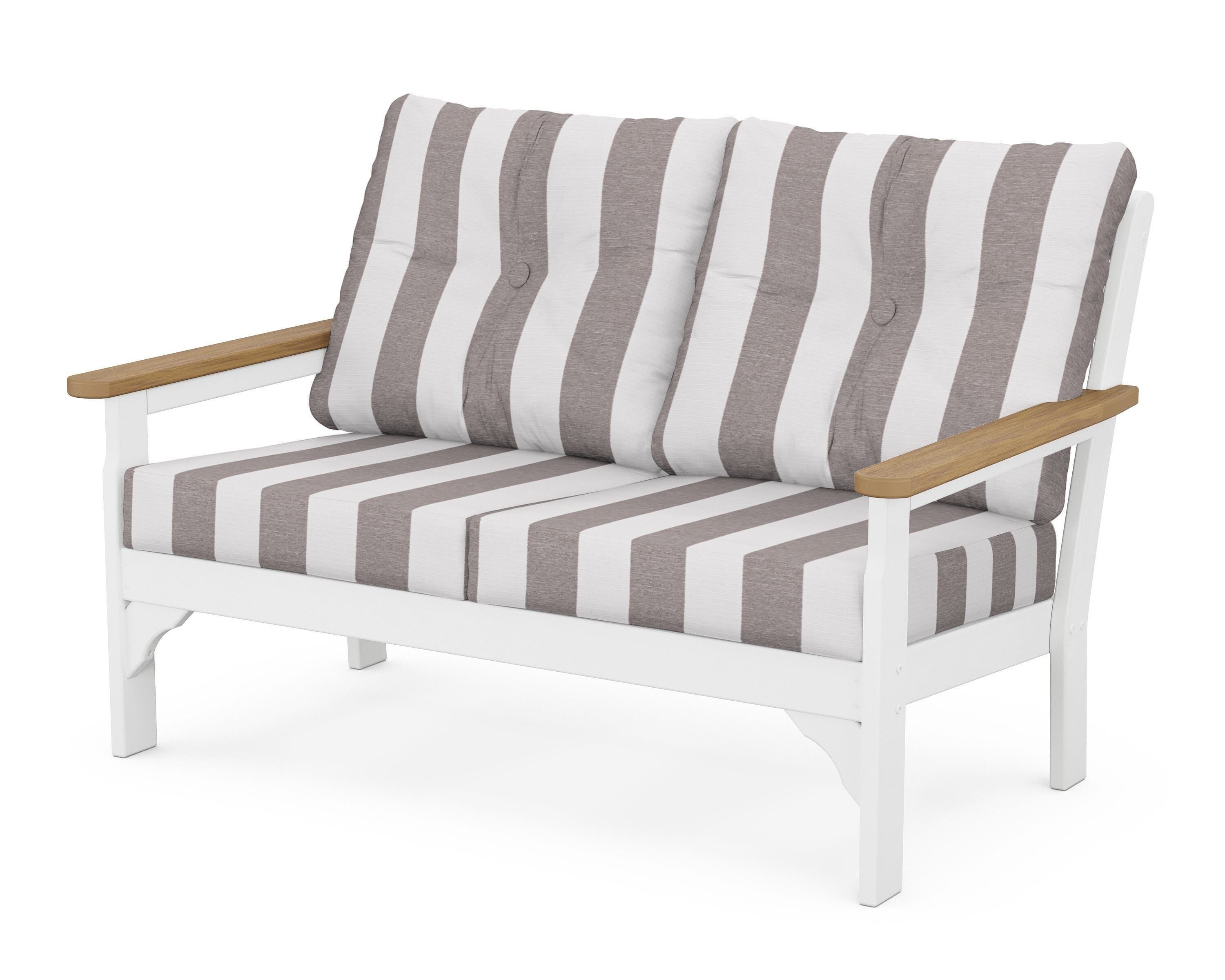 POLYWOOD® Vineyard Deep Seating Loveseat in White / Natural / Cabana Stripe Grey Mist