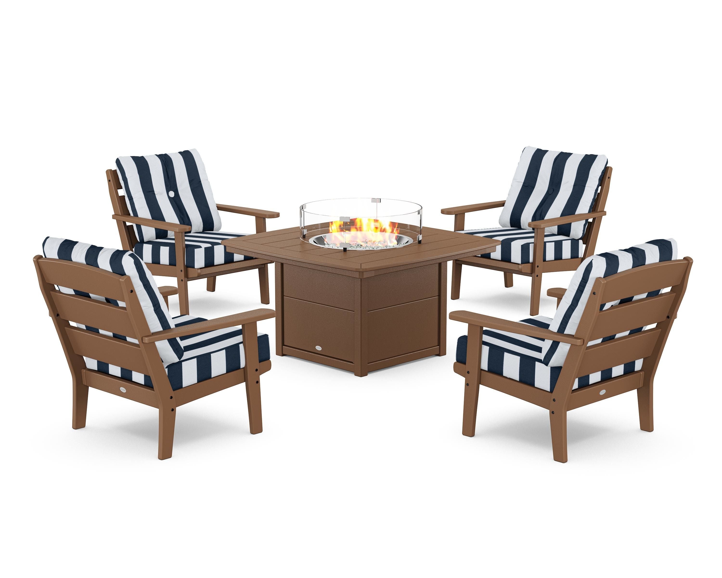 POLYWOOD® Lakeside 5-Piece Deep Seating Set with Nautical Fire Pit Table in Teak / Cabana Stripe Marine Indigo