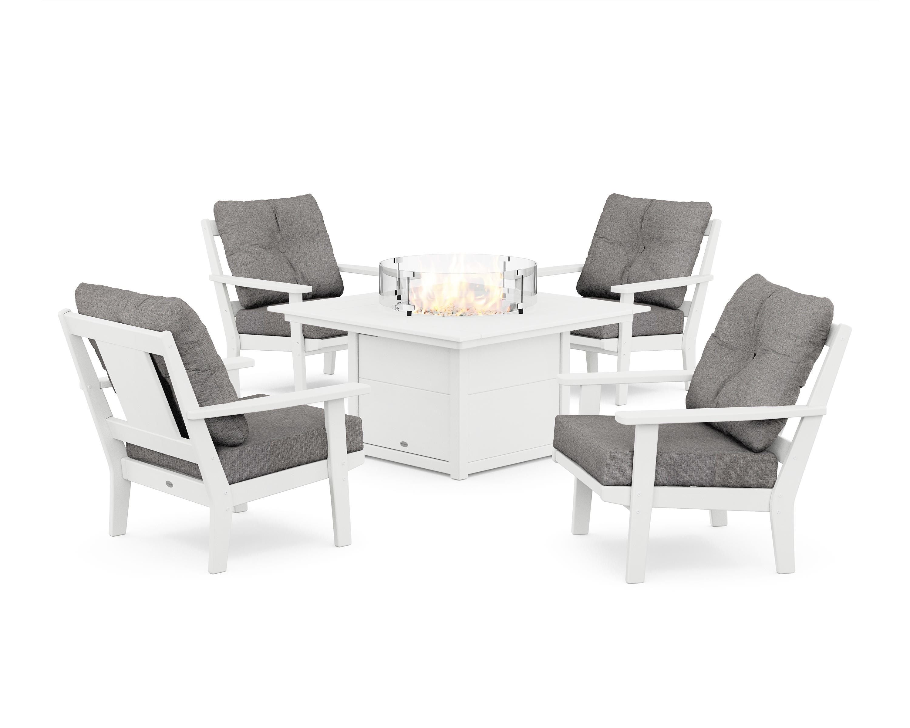 POLYWOOD® Prairie 5-Piece Deep Seating Set with Fire Pit Table in White / Grey Mist