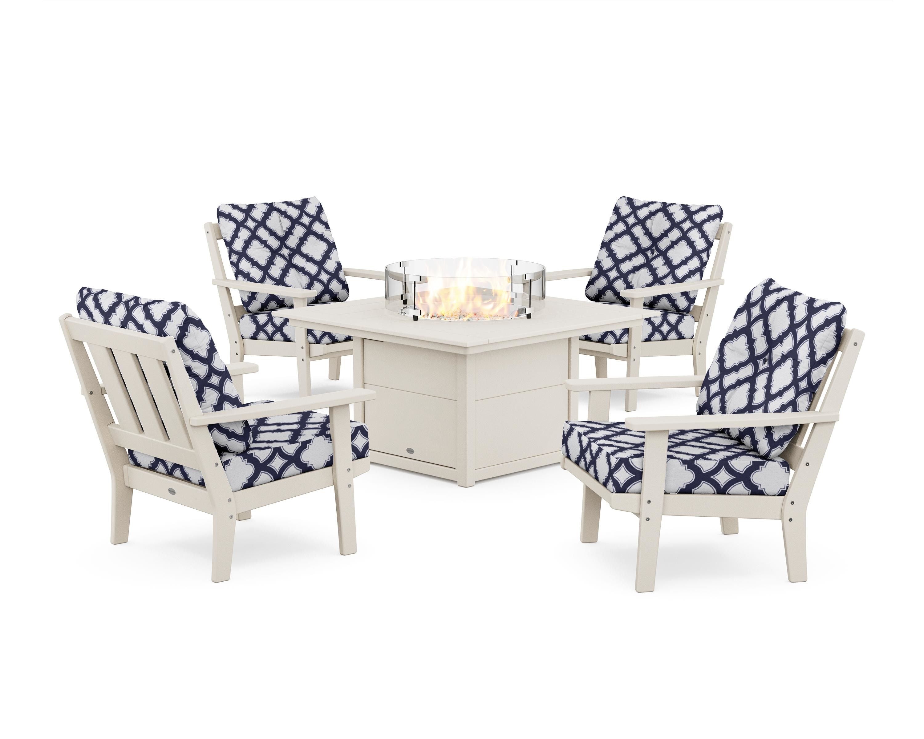 POLYWOOD® Oxford 5-Piece Deep Seating Set with Fire Pit Table in Sand / Trellis Navy