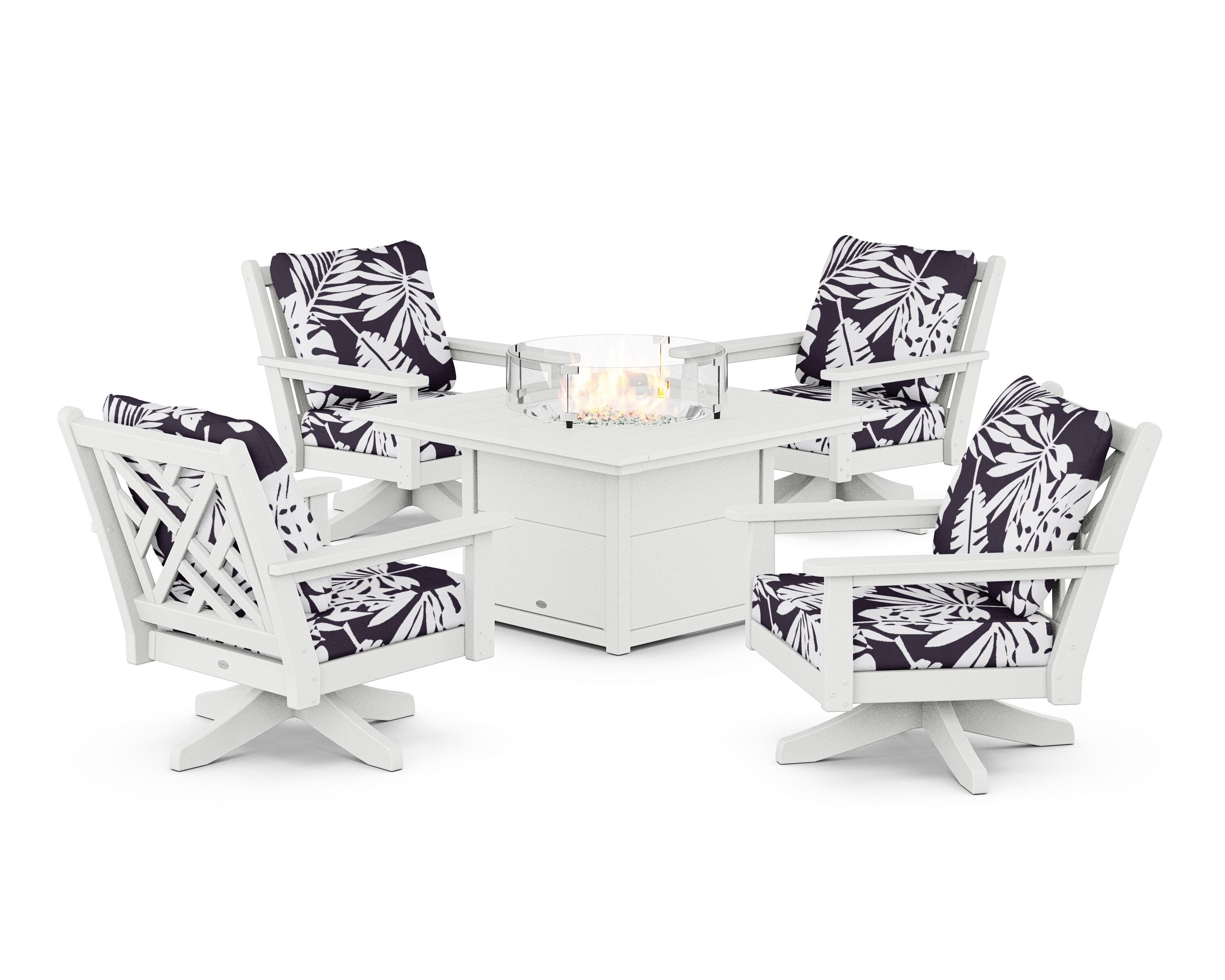 POLYWOOD® Chippendale 5-Piece Deep Seating Swivel Conversation Set with Fire Pit Table in White / Leaf Navy
