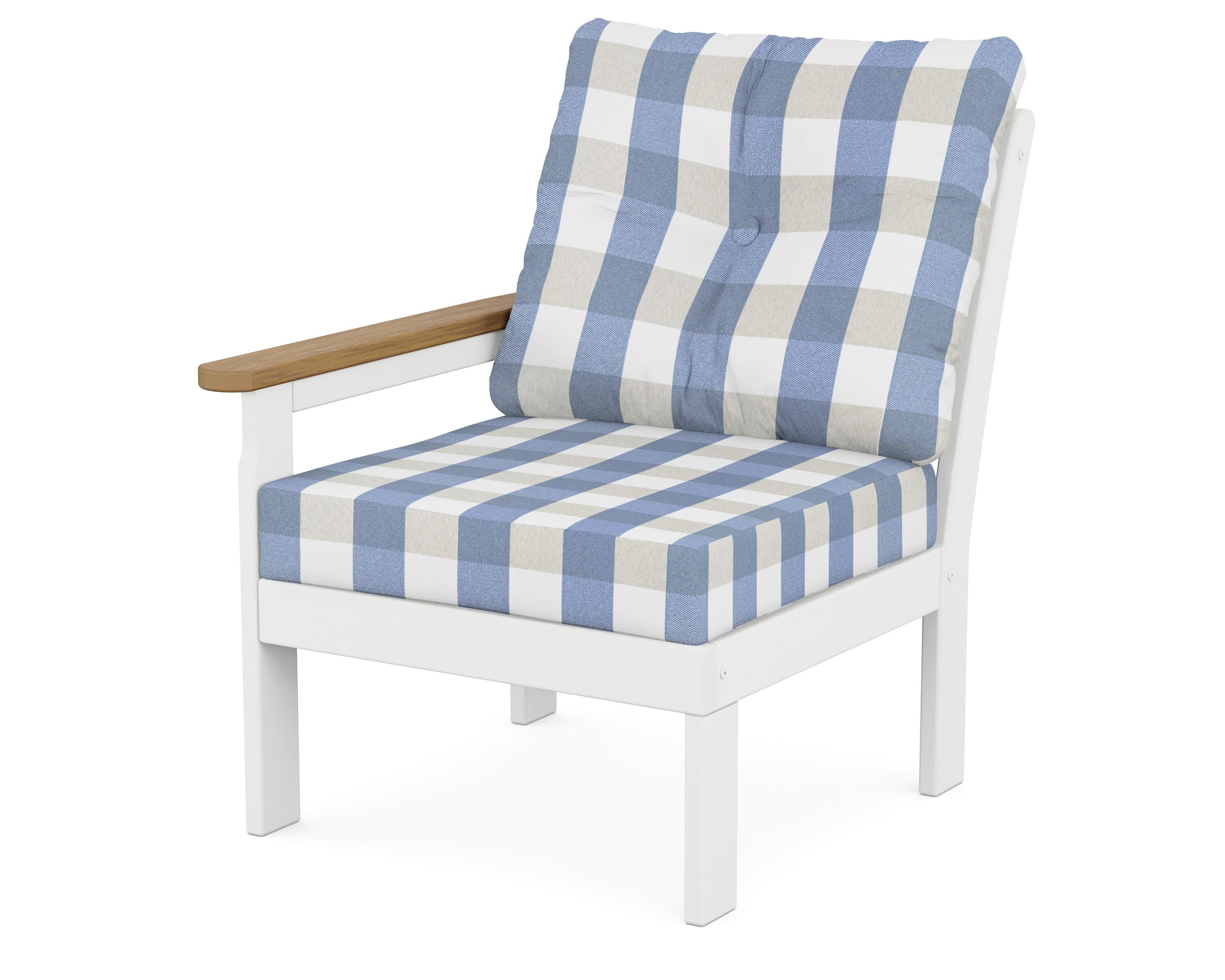 POLYWOOD® Vineyard Modular Left Arm Chair in White / Natural / Buffalo Plaid Sky Blue