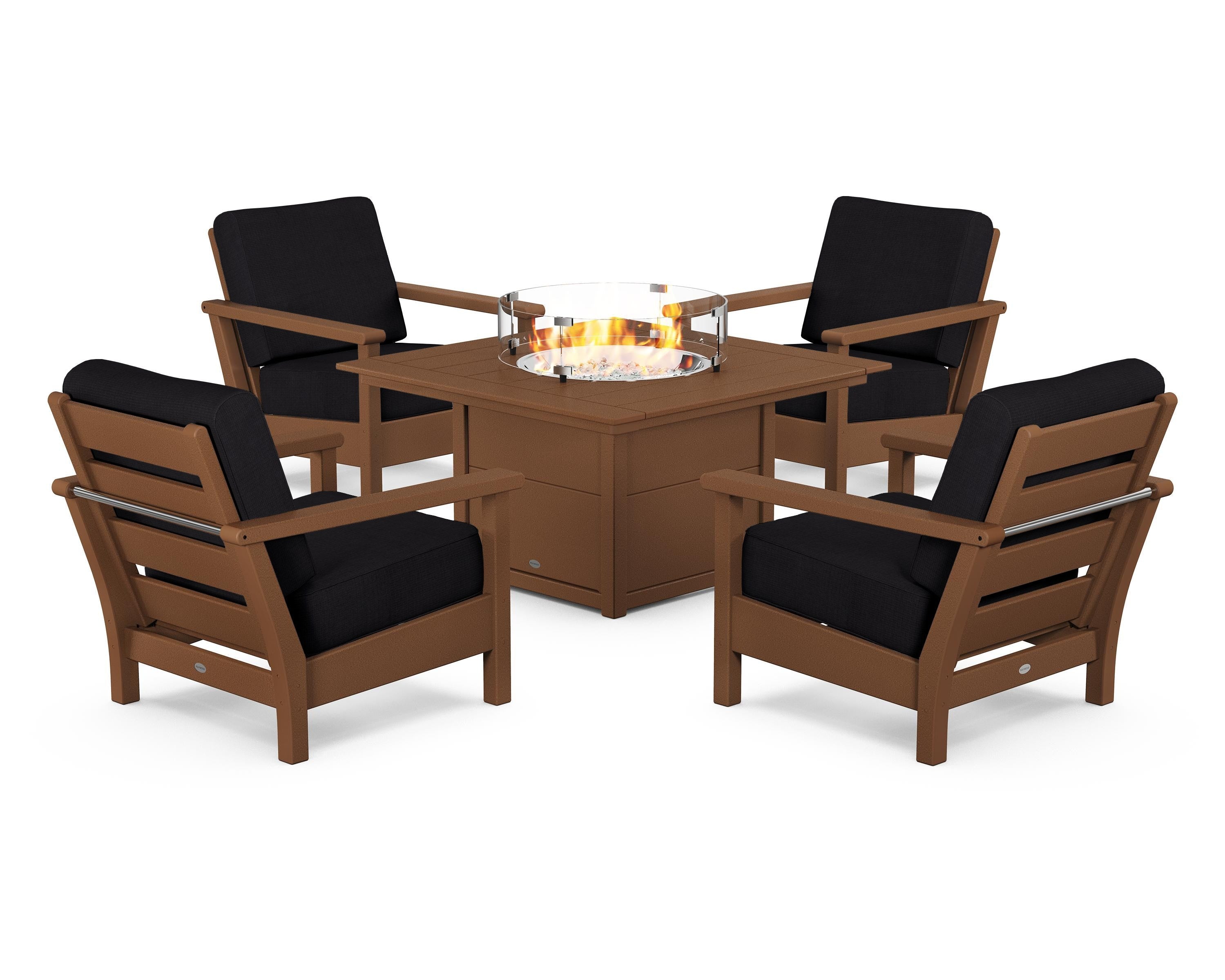 POLYWOOD® Harbour 5-Piece Conversation Set with Fire Pit Table in Teak / Midnight Linen