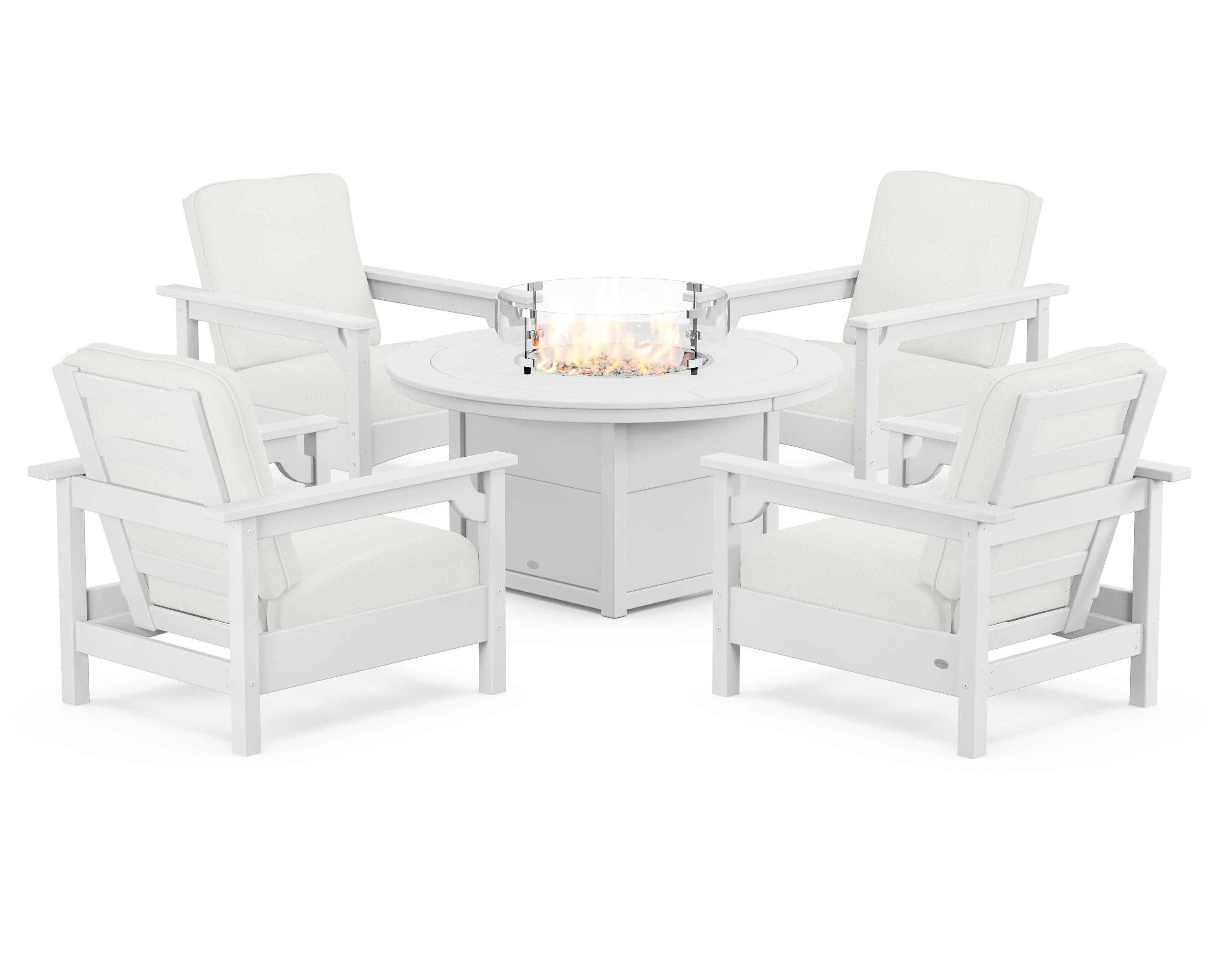 POLYWOOD® Club 5-Piece Conversation Set with Fire Pit Table in White / Natural Linen