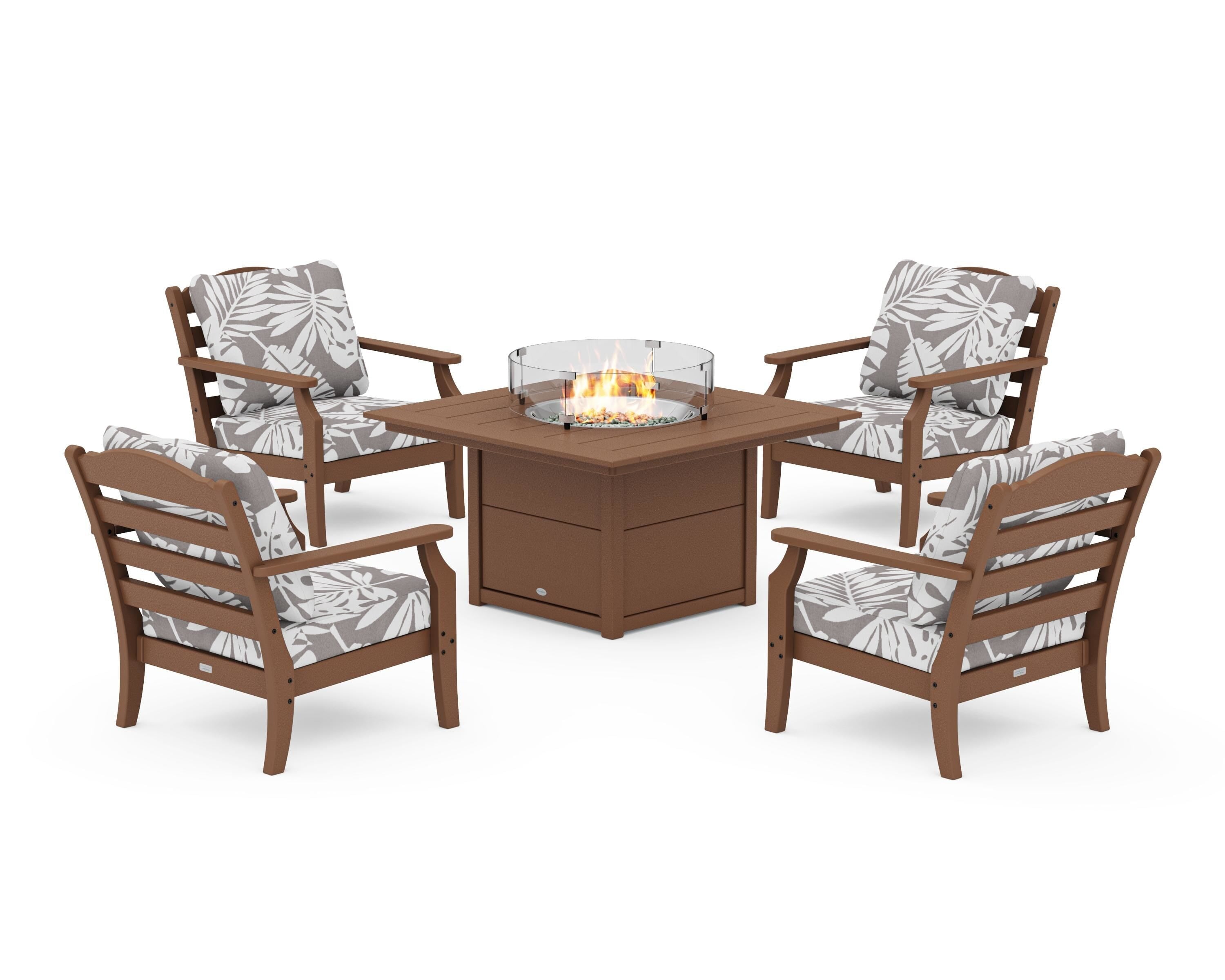 Draper James™ by POLYWOOD® Savannah 5-Piece Deep Seating Set with Fire Pit Table in Teak / Leaf Grey Mist