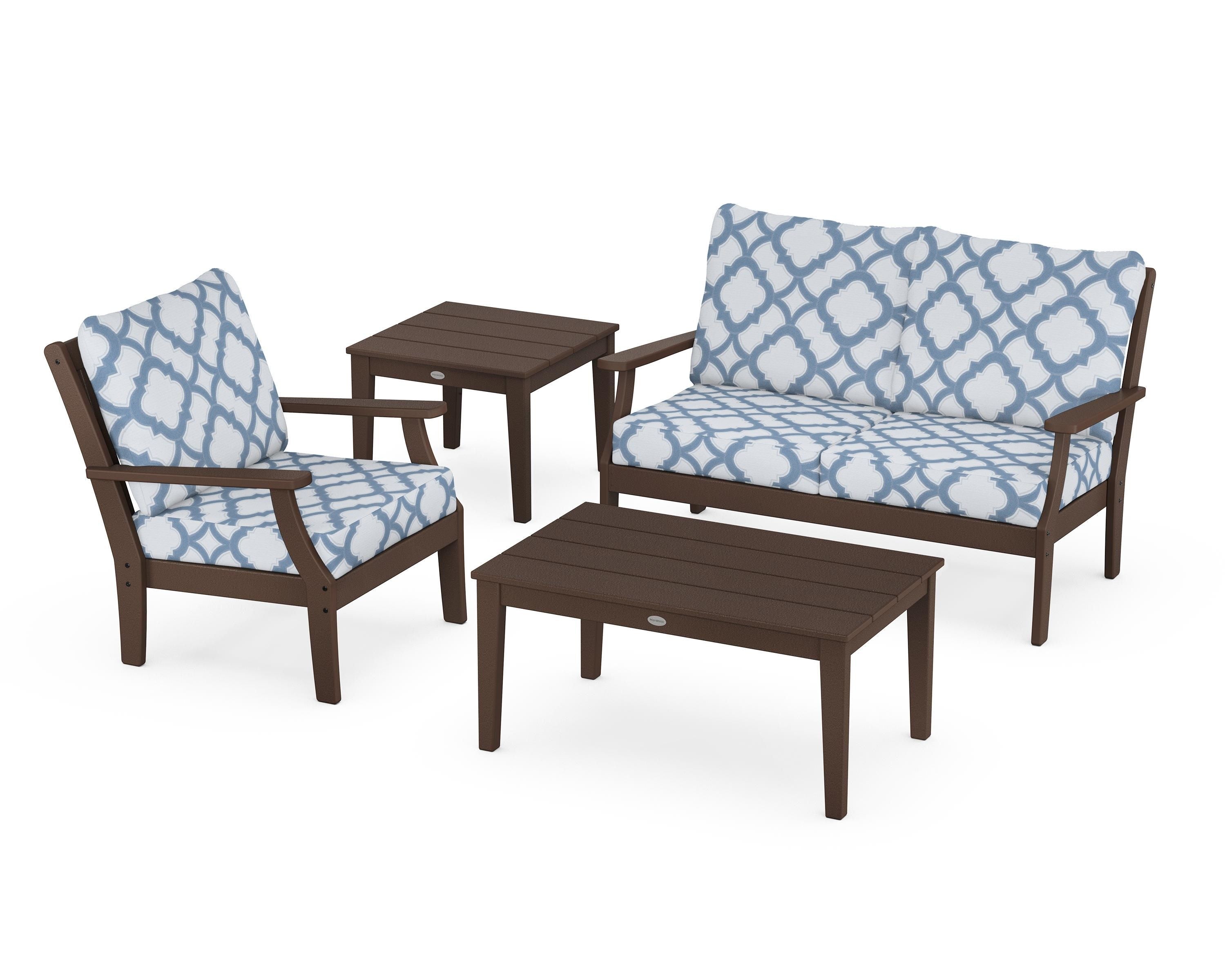 POLYWOOD® Braxton 4-Piece Deep Seating Set in Mahogany / Trellis Sky Blue