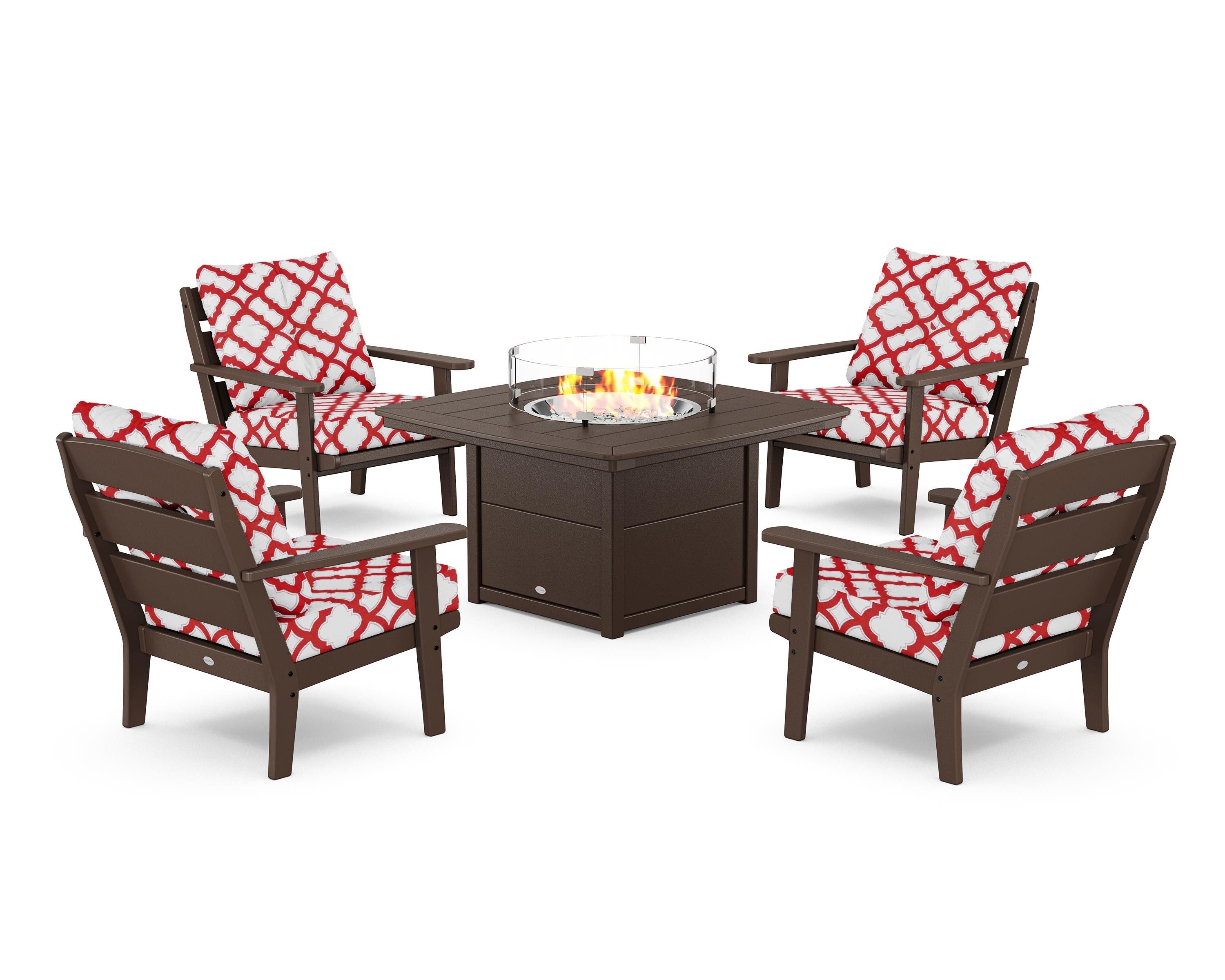 POLYWOOD® Lakeside 5-Piece Deep Seating Set with Nautical Fire Pit Table in Mahogany / Trellis Crimson