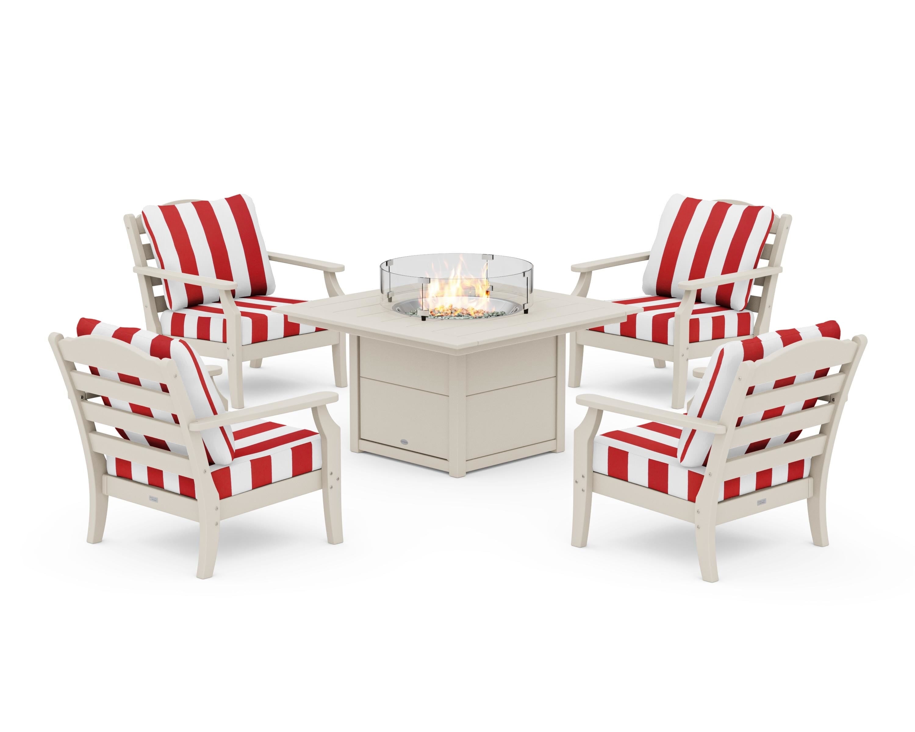 Draper James™ by POLYWOOD® Savannah 5-Piece Deep Seating Set with Fire Pit Table in Sand / Cabana Stripe Crimson