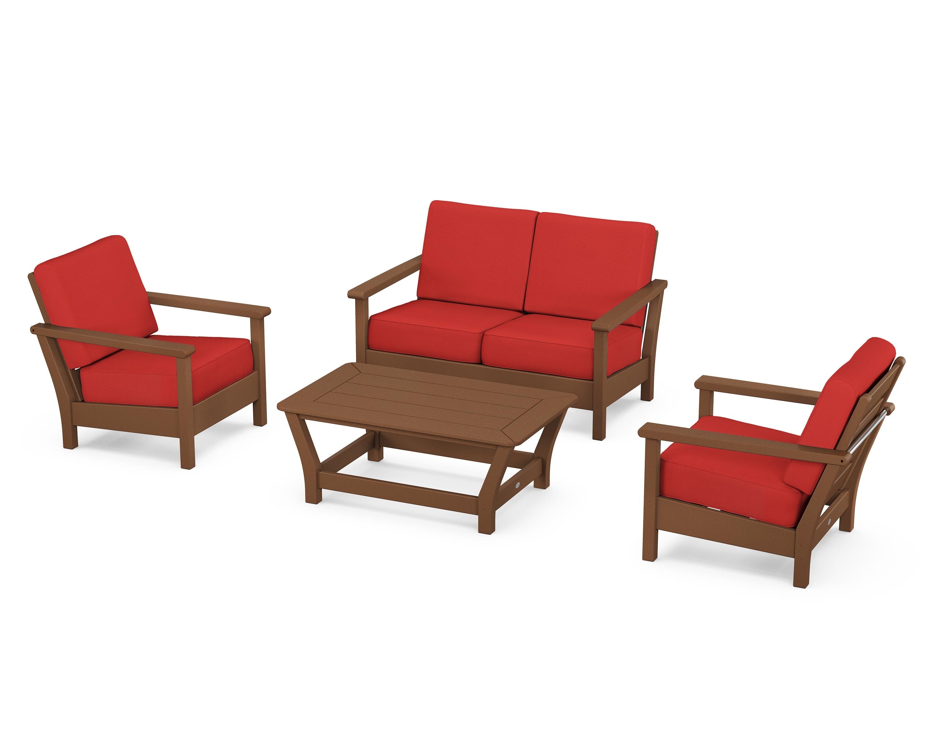 POLYWOOD® Harbour 4-Piece Deep Seating Set in Teak / Crimson Linen
