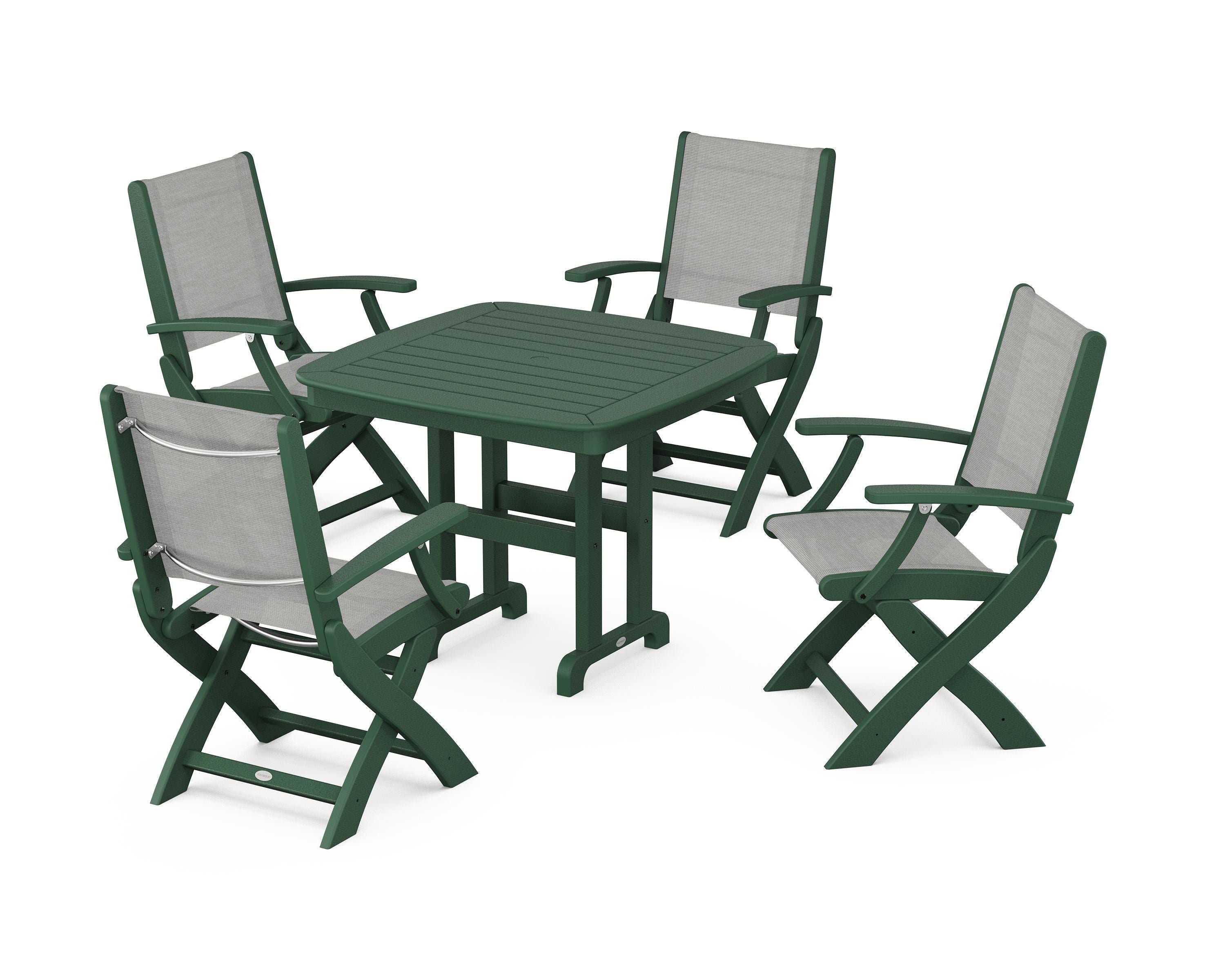 POLYWOOD® Coastal Folding Chair 5-Piece Dining Set in Green / Metallic Sling