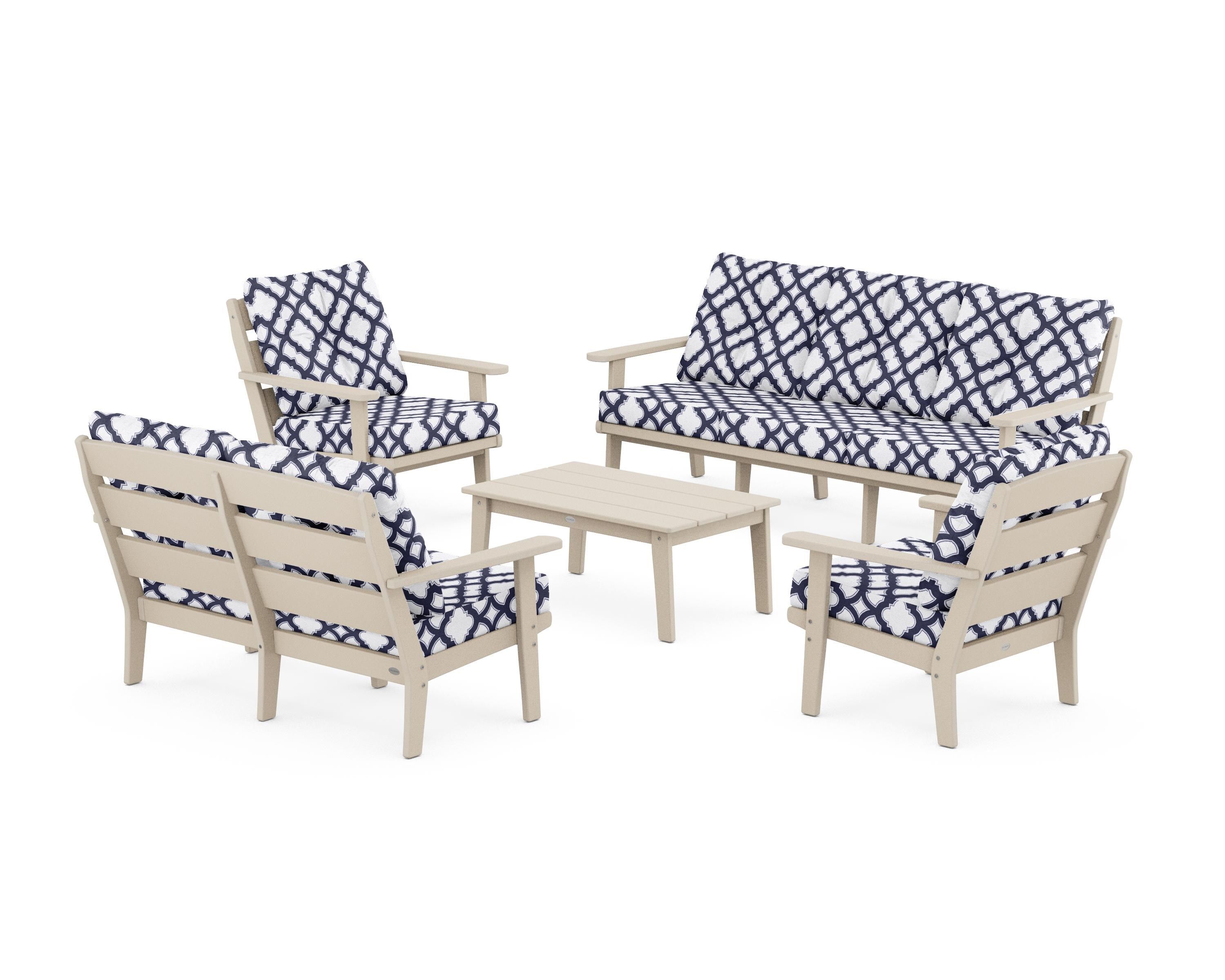 POLYWOOD® Lakeside 5-Piece Lounge Sofa Set in Sand / Trellis Navy