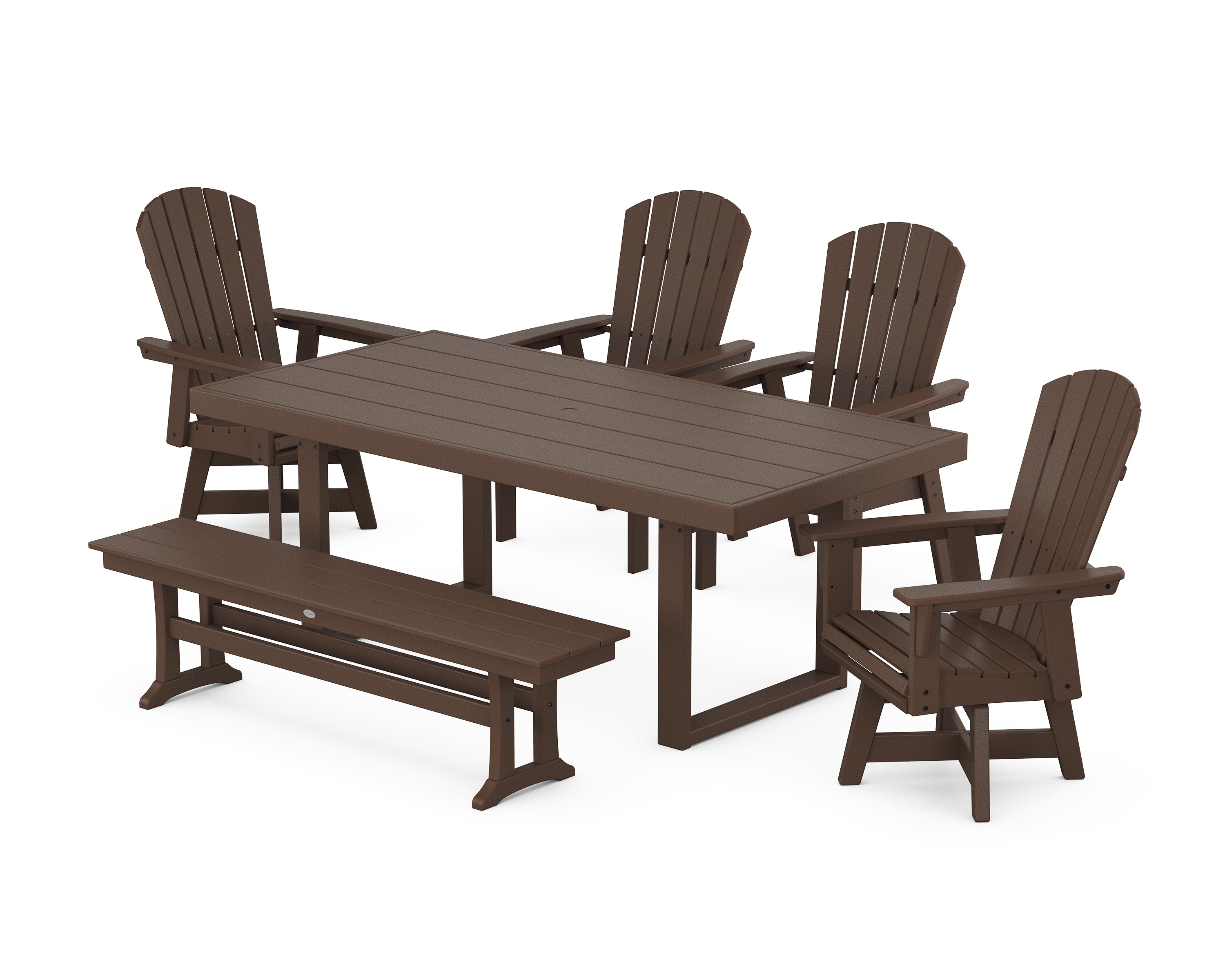 POLYWOOD® Nautical Curveback Adirondack Swivel Chair 6-Piece Dining Set with Bench in Mahogany