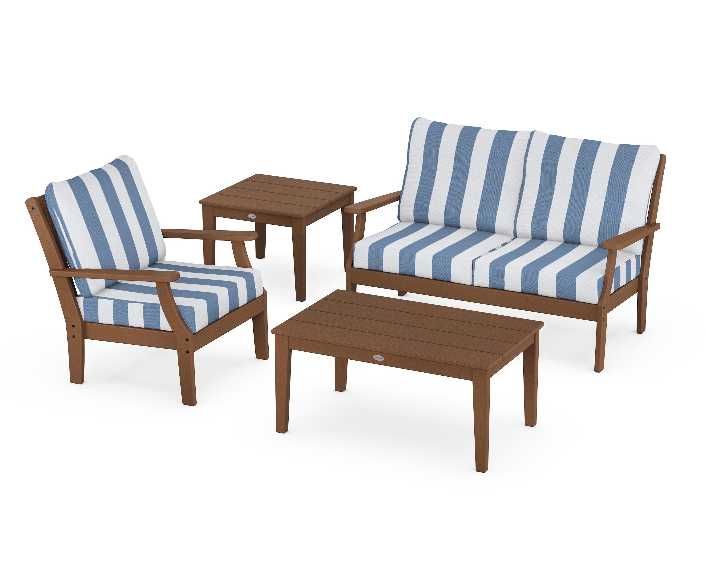 POLYWOOD® Braxton 4-Piece Deep Seating Set in Teak / Cabana Stripe Sky Blue