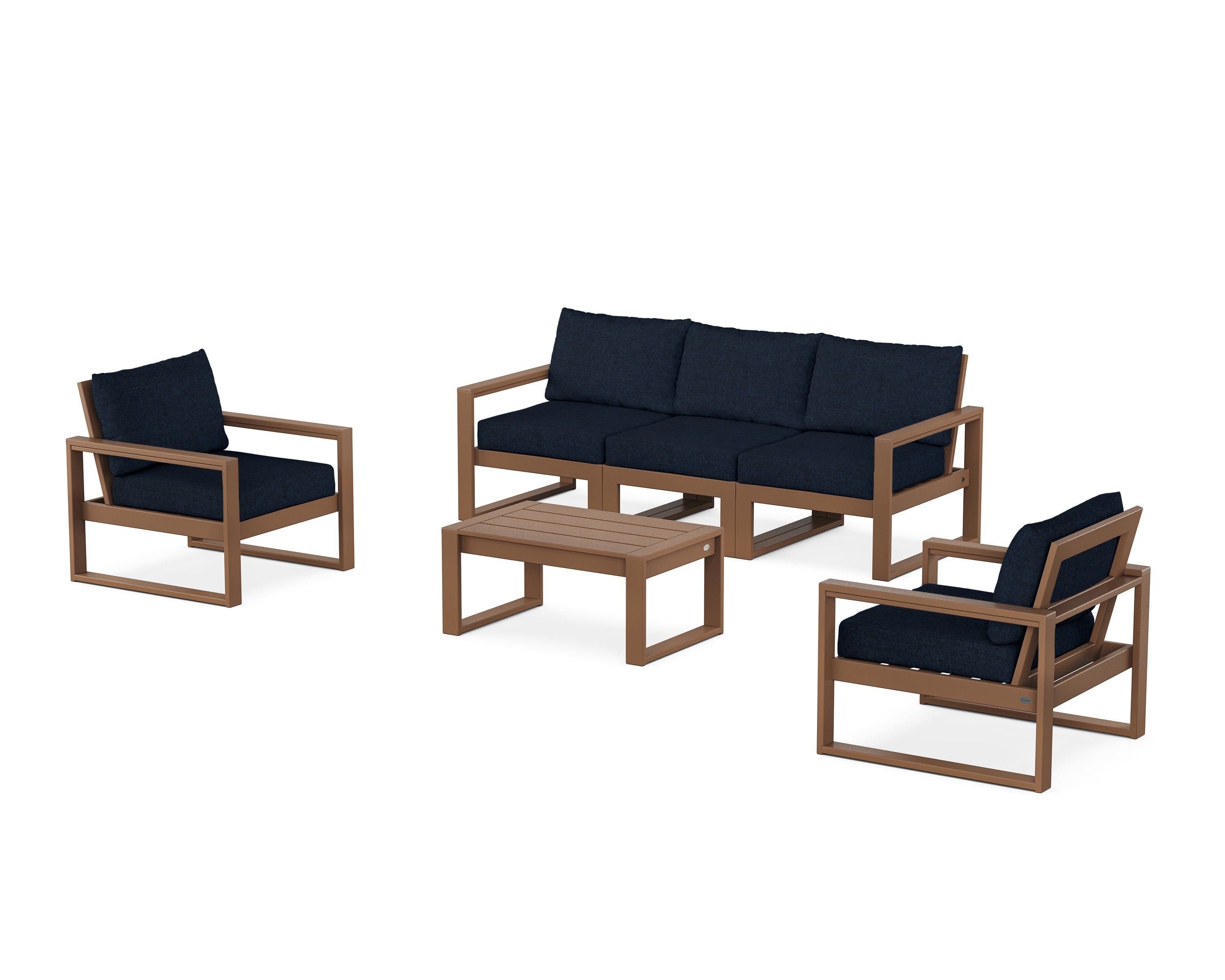 POLYWOOD® EDGE Sectional 4-Piece Deep Seating Set with Sofa in Teak / Marine Indigo