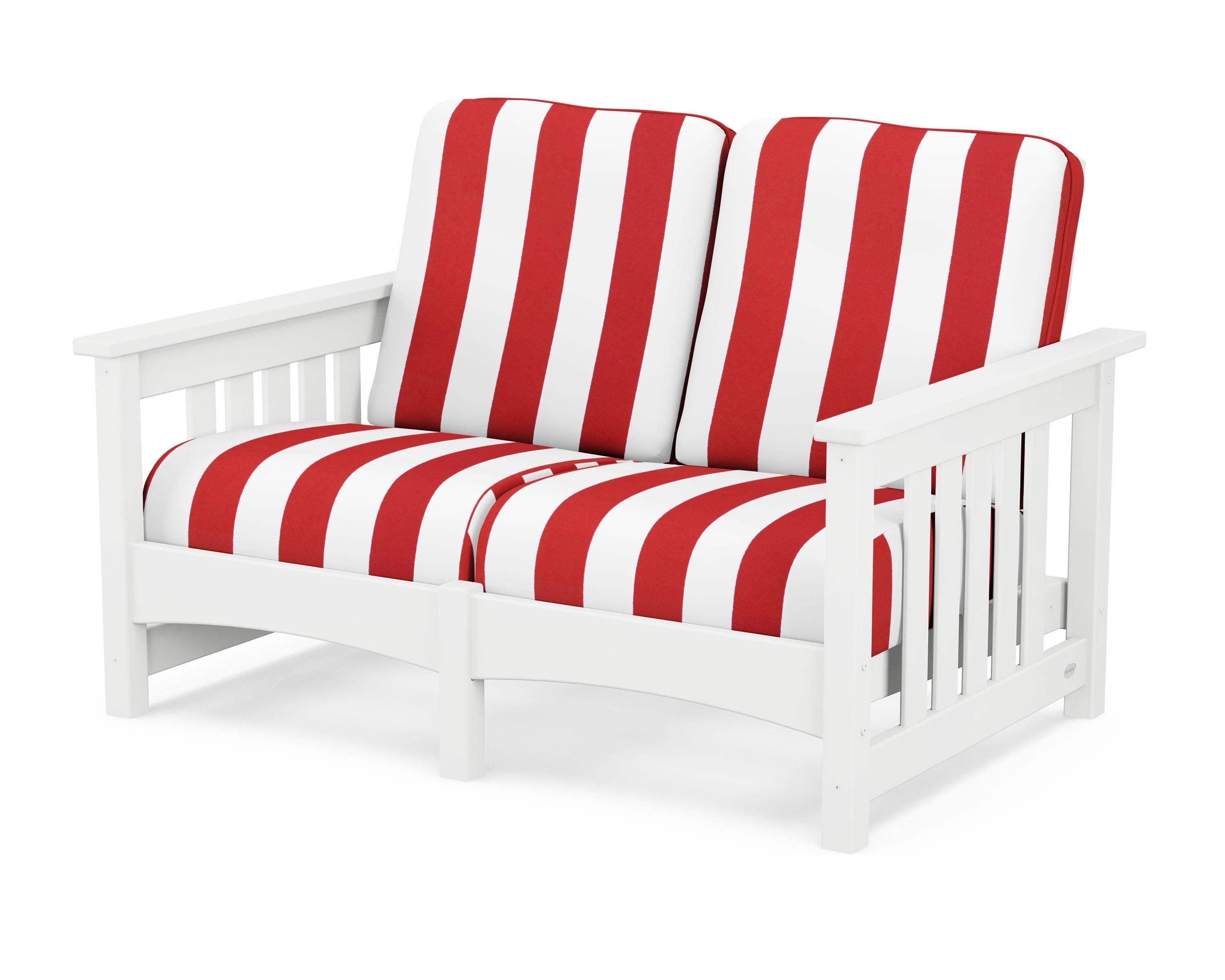 POLYWOOD® Club Mission Loveseat in White / Cabana Stripe Crimson