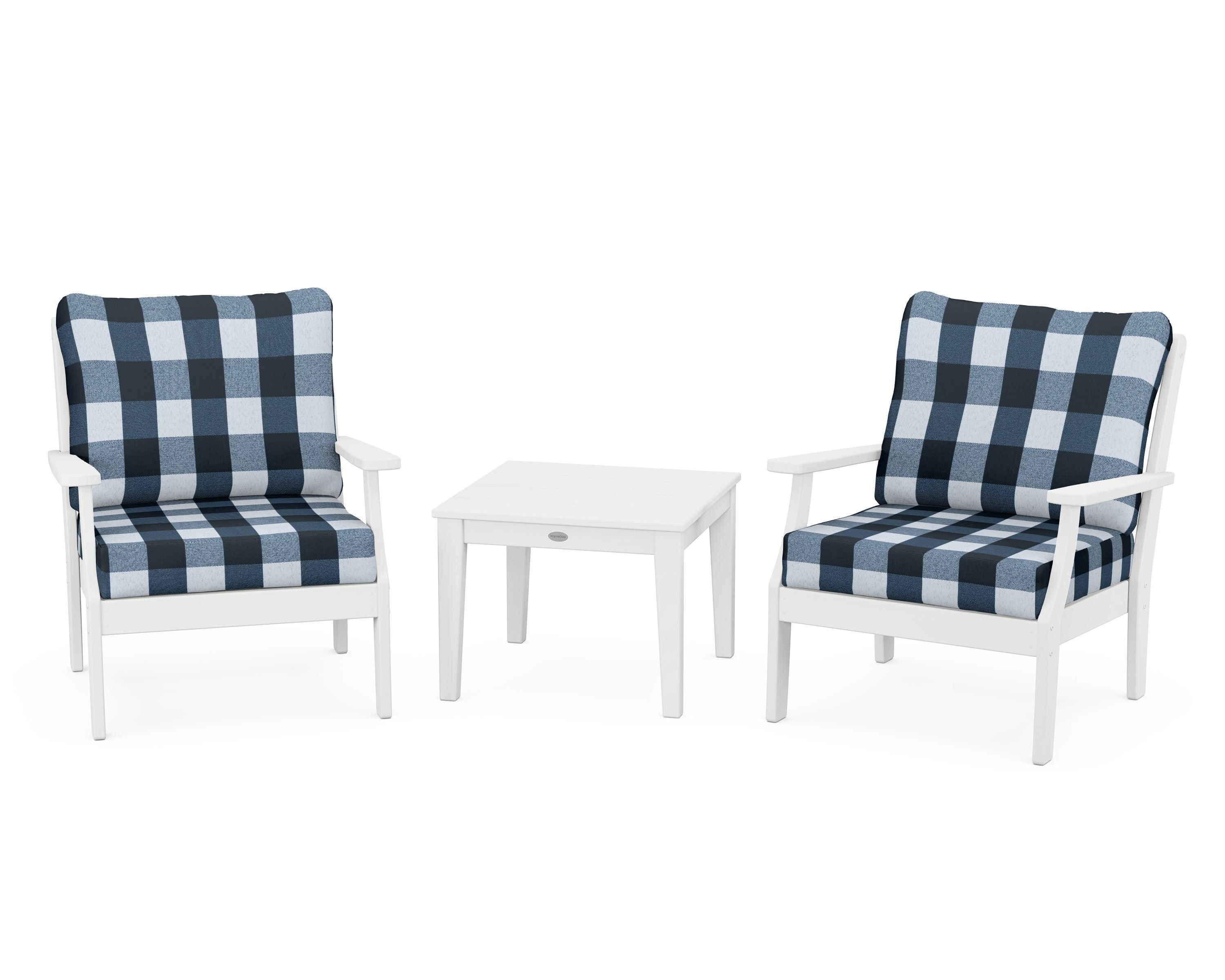 POLYWOOD® Braxton 3-Piece Deep Seating Set in White / Buffalo Plaid Marine Indigo