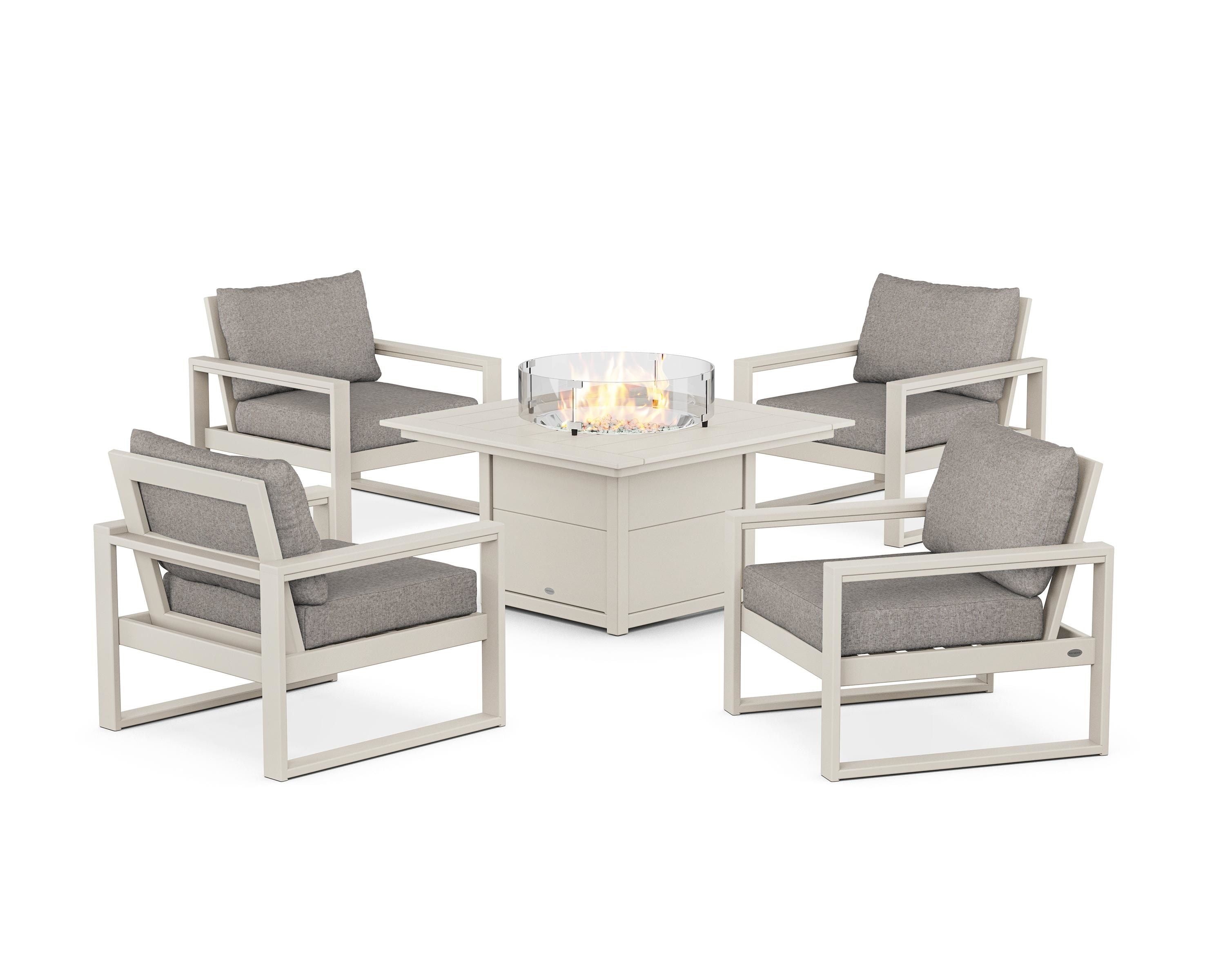 POLYWOOD® EDGE Sectional 5-Piece Deep Seating Set with Fire Pit Table in Sand / Weathered Tweed