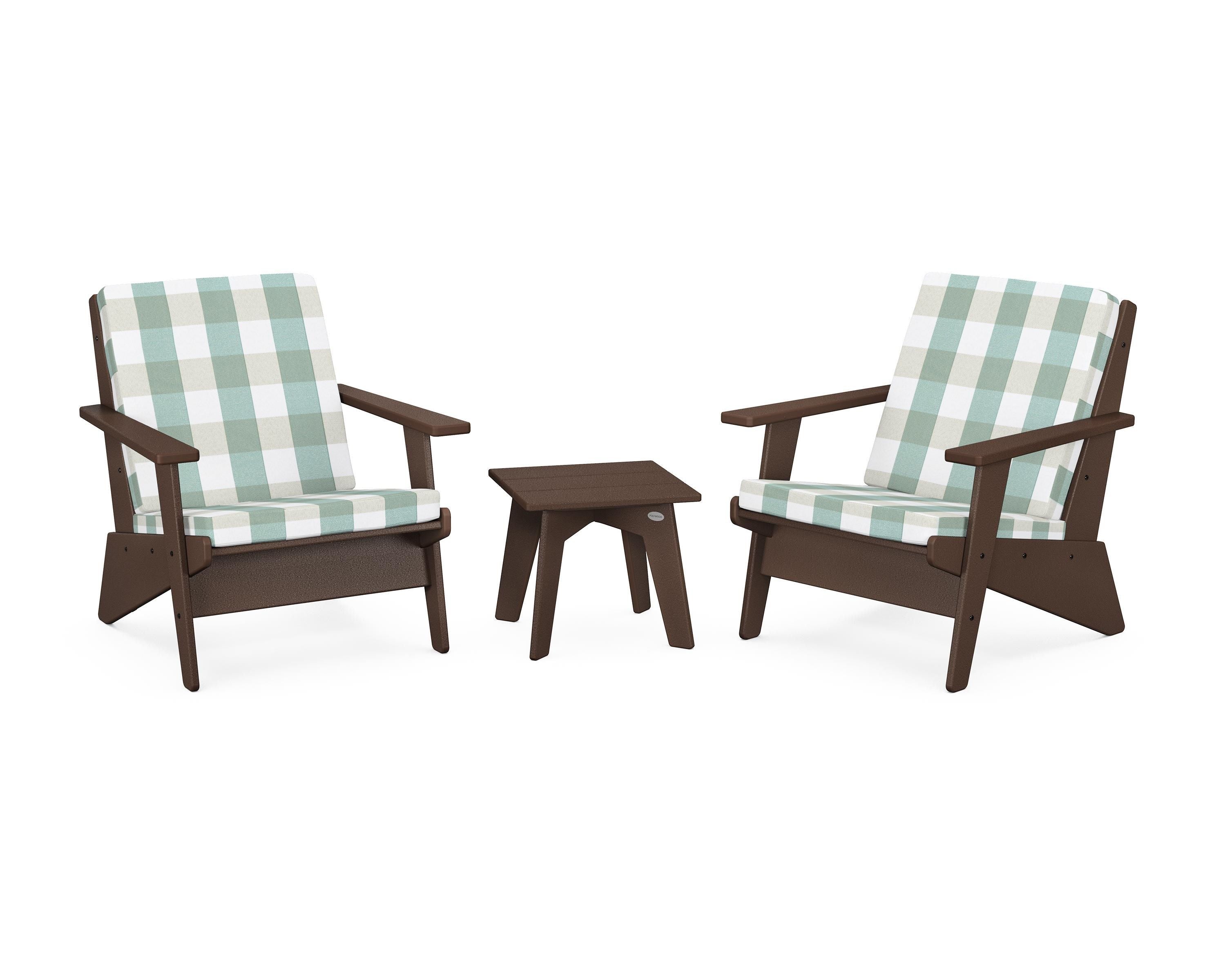 POLYWOOD® Riviera Modern Lounge 3-Piece Set in Mahogany / Buffalo Plaid Glacier Spa
