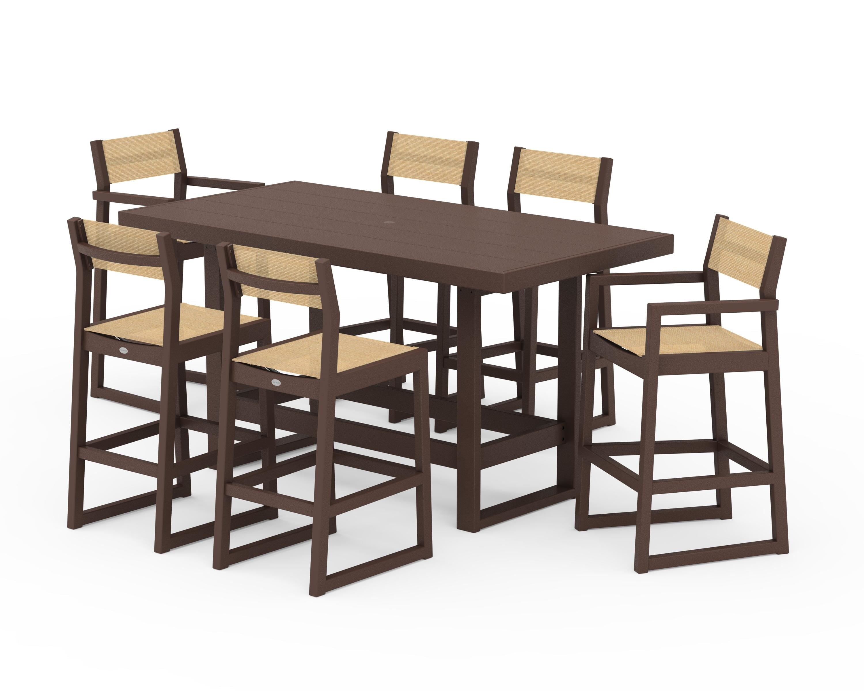 POLYWOOD® EDGE Sling 7-Piece Bar Table Set in Mahogany / Dupioni Apricot Sling