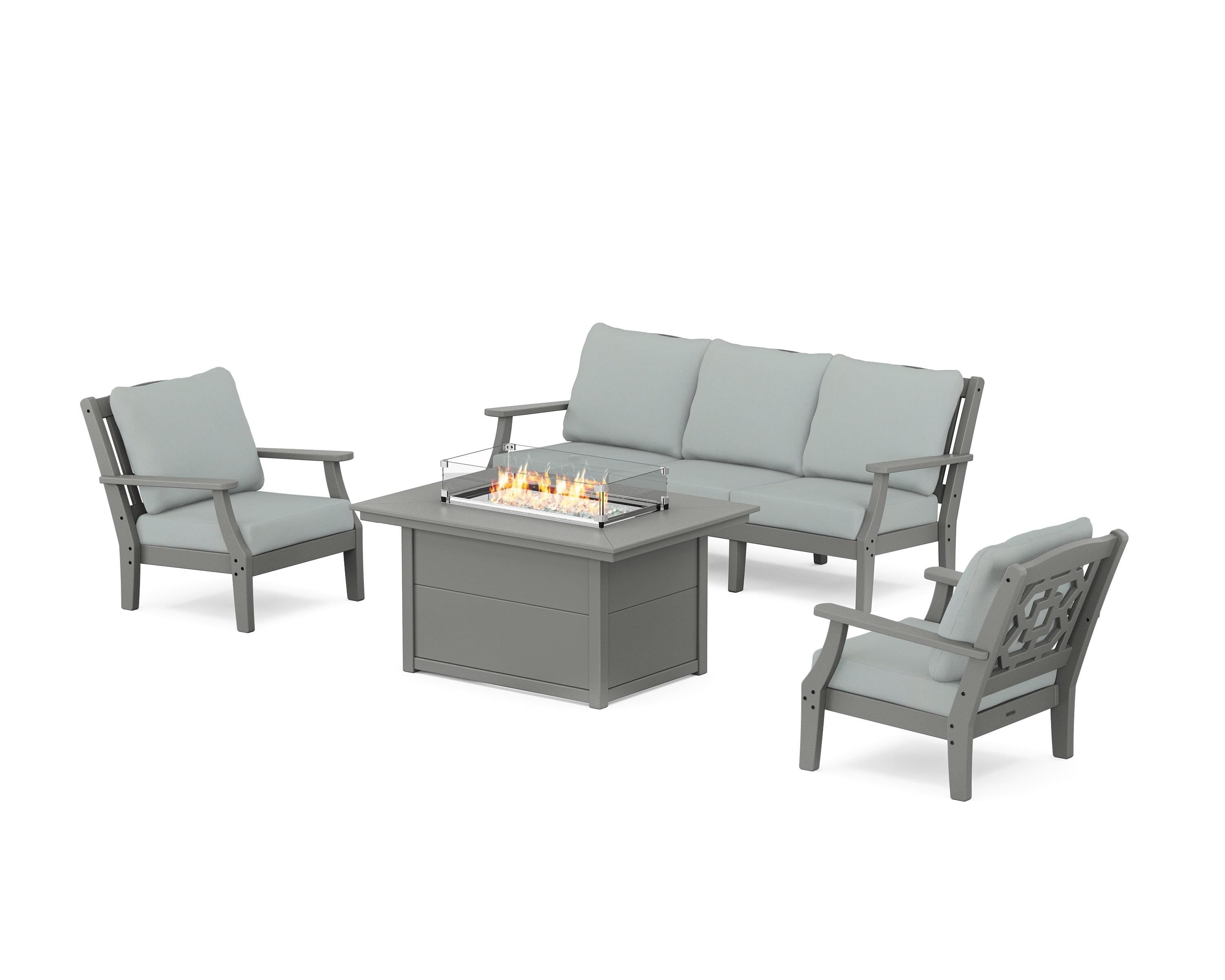 Martha Stewart by POLYWOOD® Chinoiserie Deep Seating Fire Pit Table Set in Slate Grey / Spa