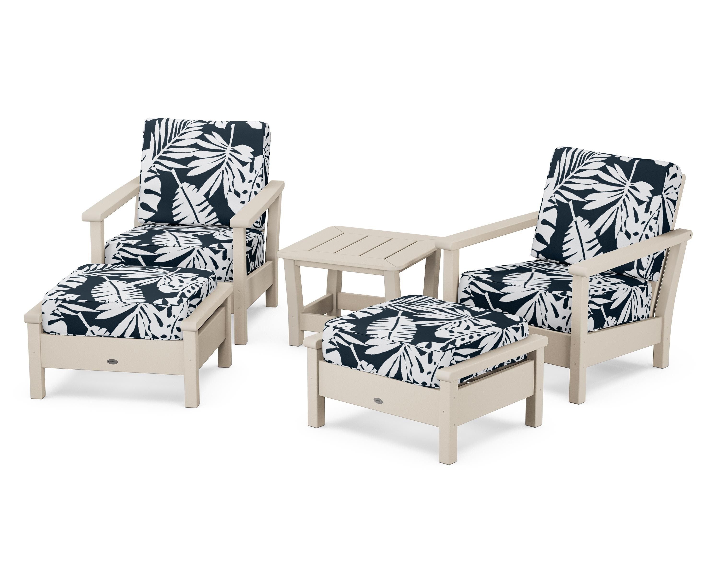 POLYWOOD® Harbour 5-Piece Deep Seating Chair Set in Sand / Leaf Marine Indigo