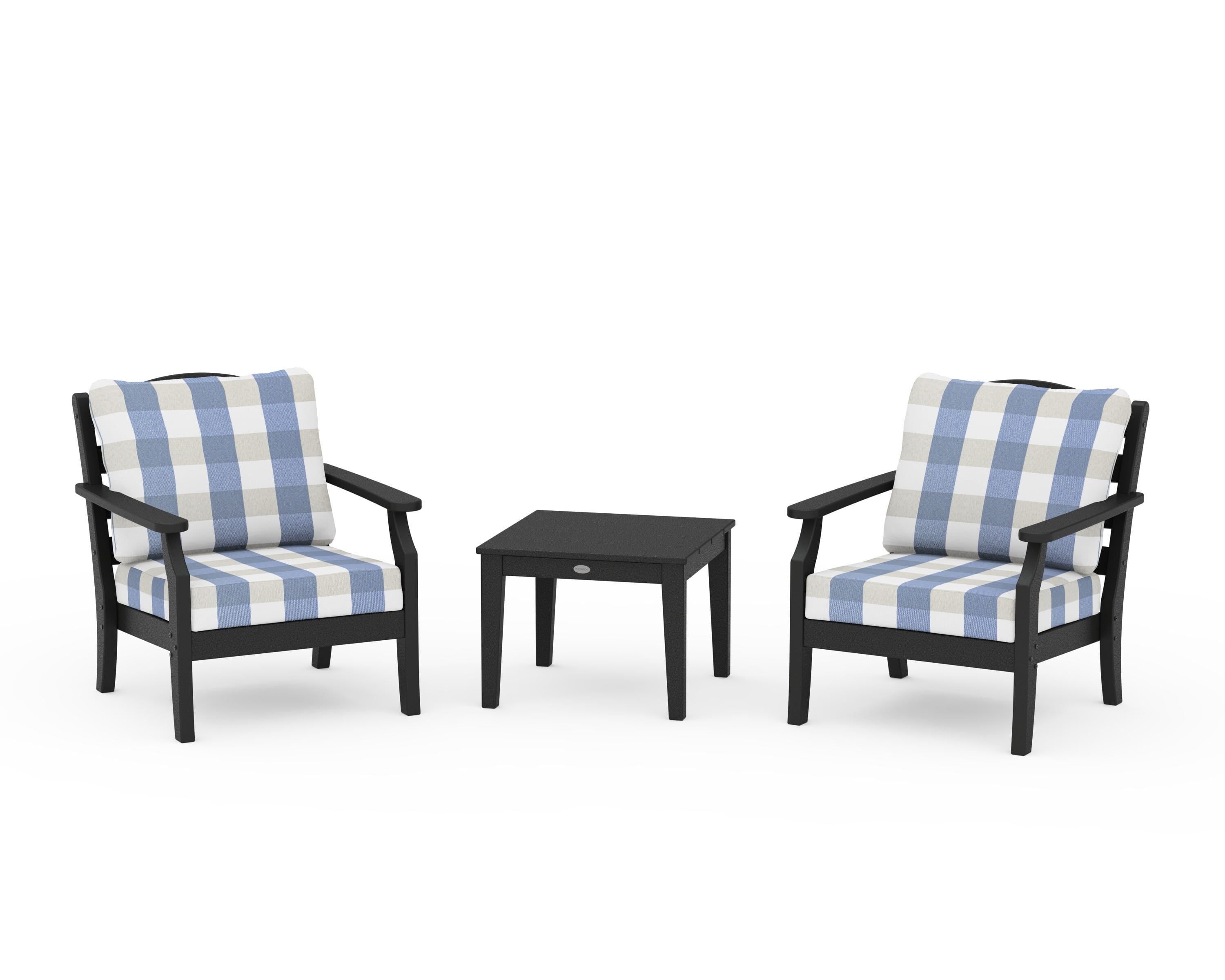 Draper James™ by POLYWOOD® Savannah 3-Piece Deep Seating Set in Black / Buffalo Plaid Sky Blue