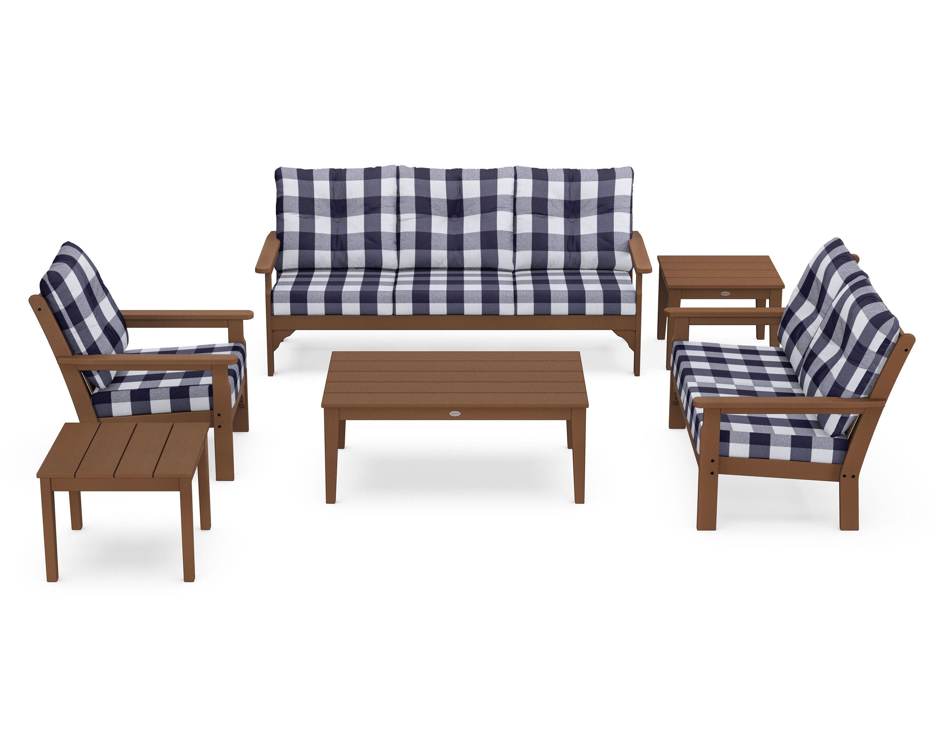 POLYWOOD® Vineyard 6-Piece Deep Seating Set in Teak / Buffalo Plaid Navy