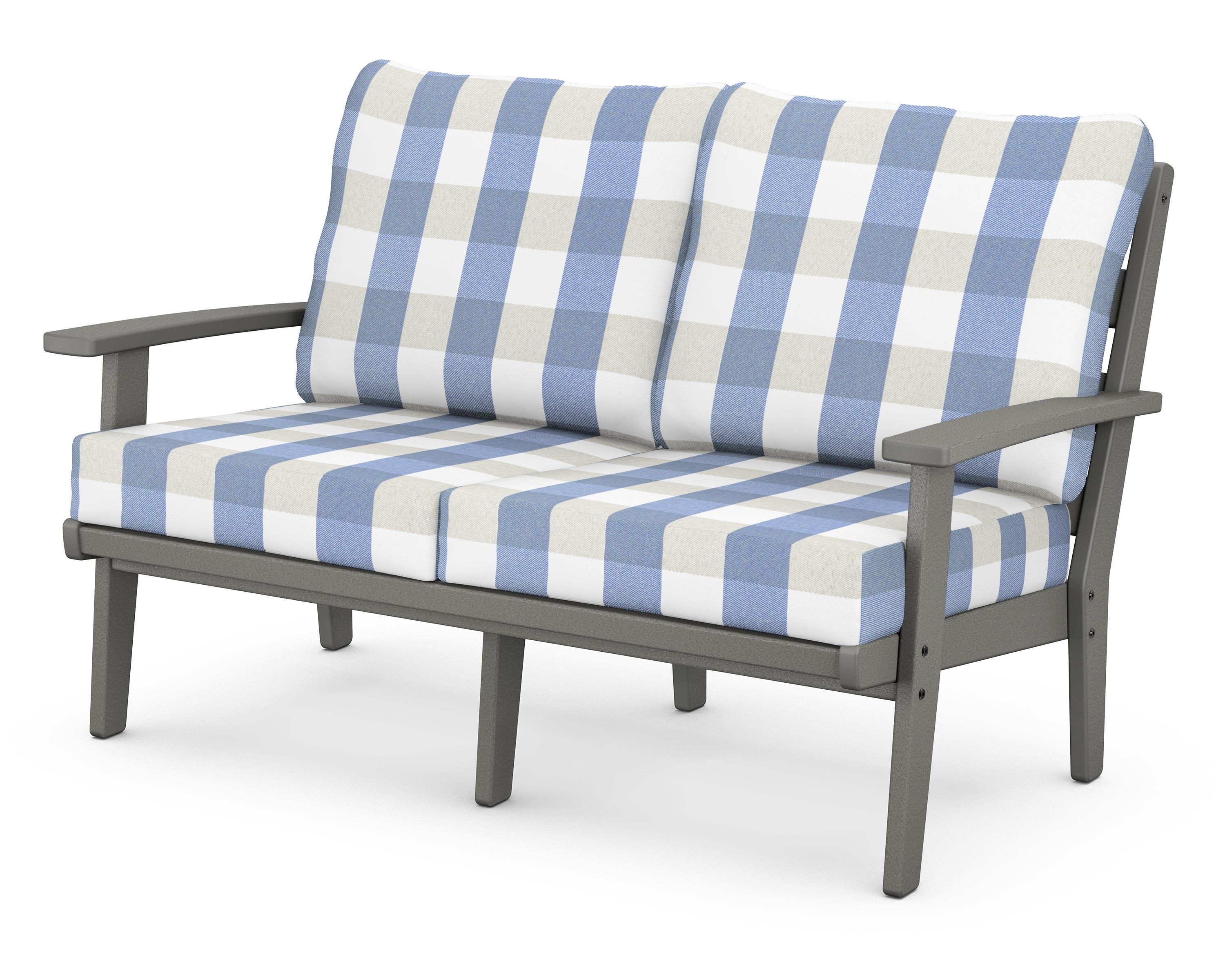 POLYWOOD® Grant Park Deep Seating Loveseat in Slate Grey / Buffalo Plaid Sky Blue