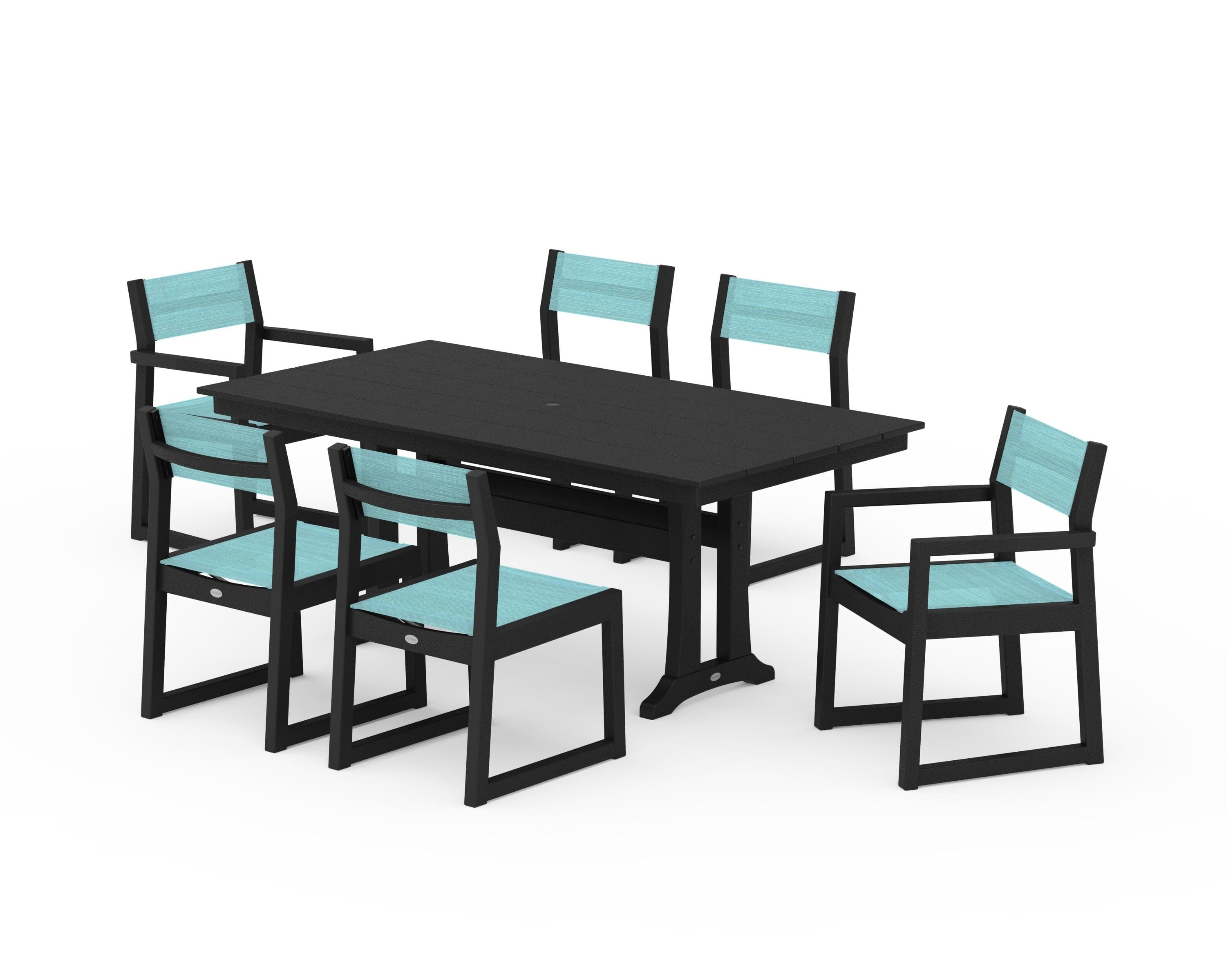 POLYWOOD® EDGE Sling 7-Piece Farmhouse Trestle Dining Set in Black / Dupioni Aquamarine Sling