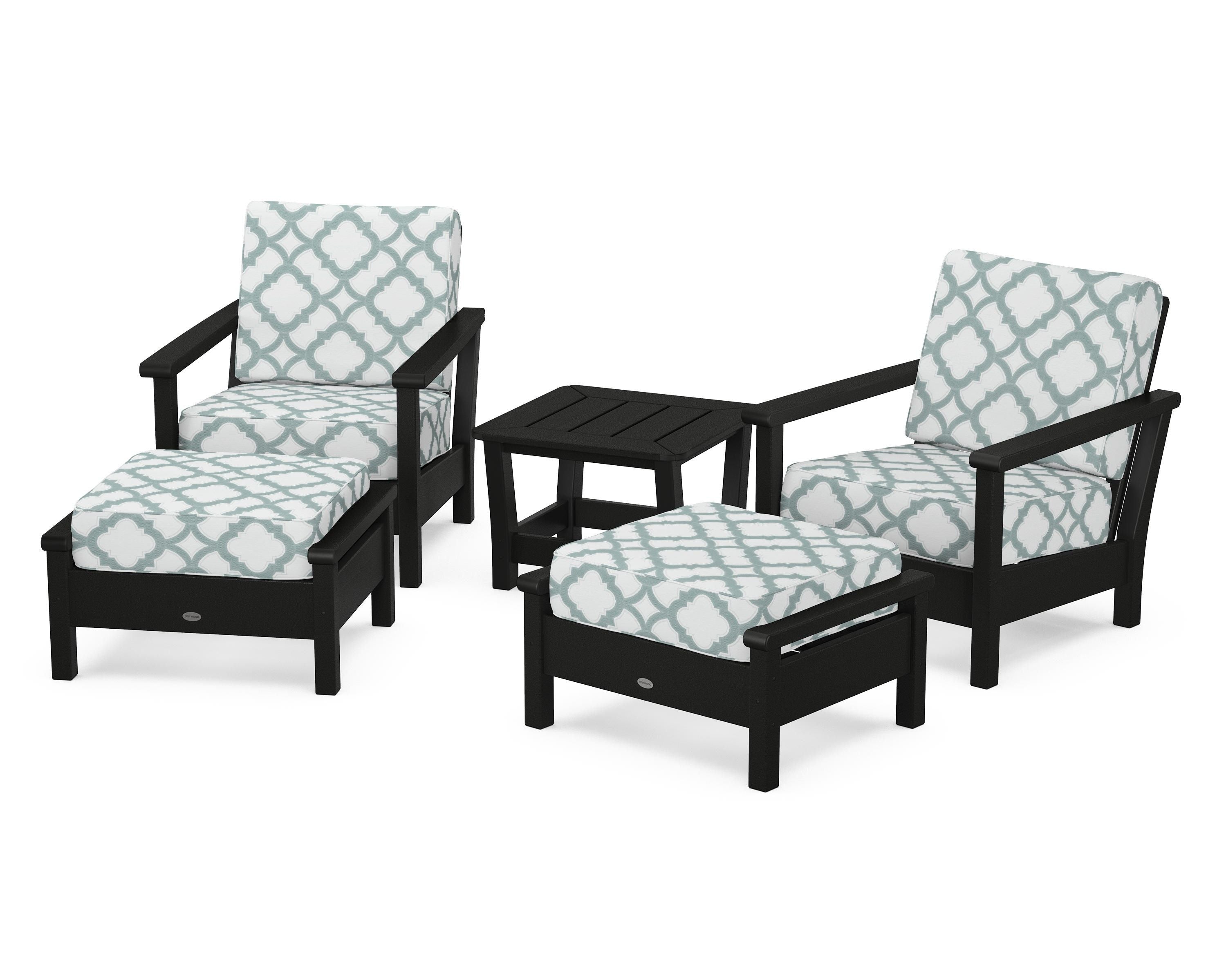 POLYWOOD® Harbour 5-Piece Deep Seating Chair Set in Black / Trellis Glacier Spa