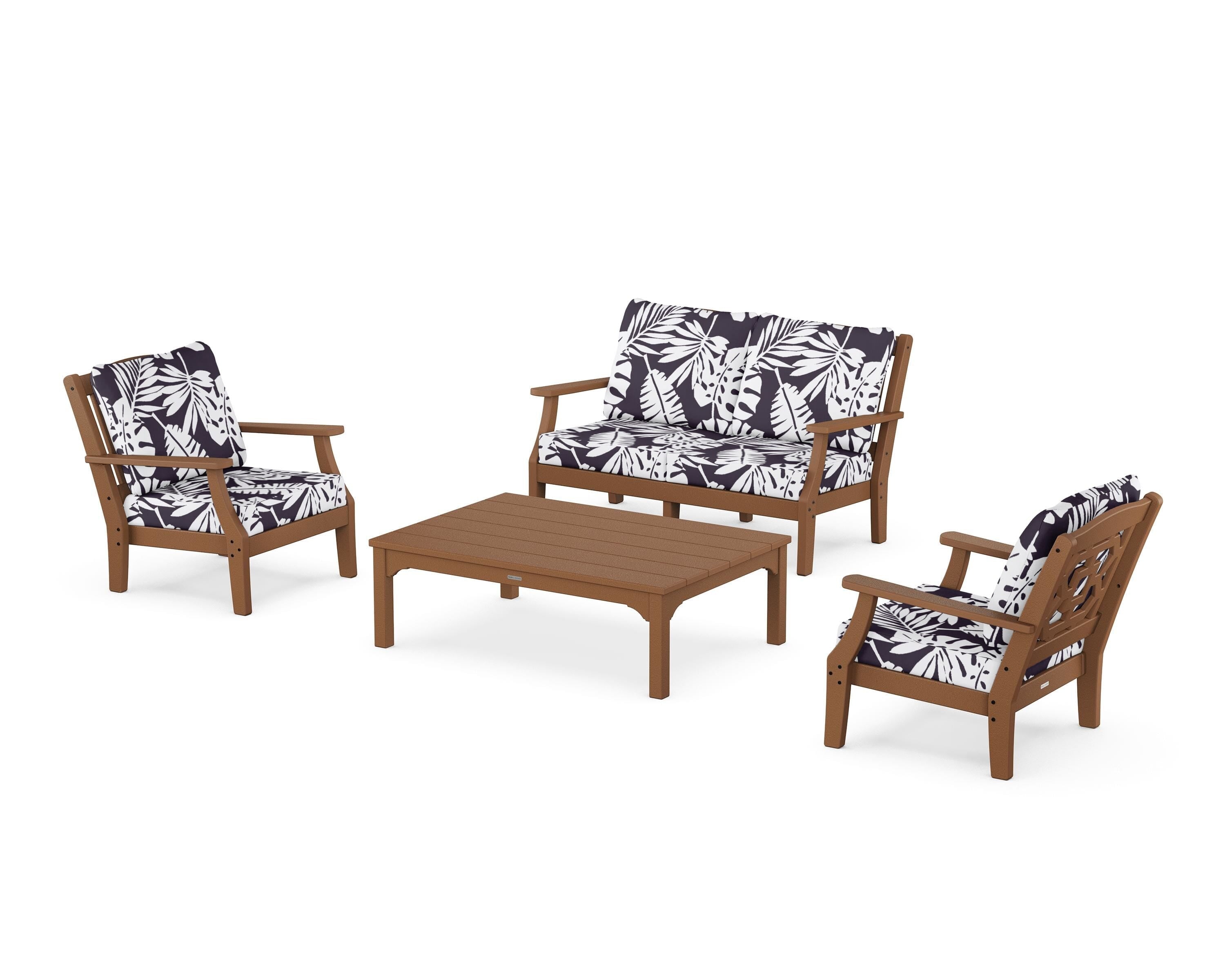 Martha Stewart by POLYWOOD® Chinoiserie 4-Piece Deep Seating Set with Loveseat in Teak / Leaf Navy