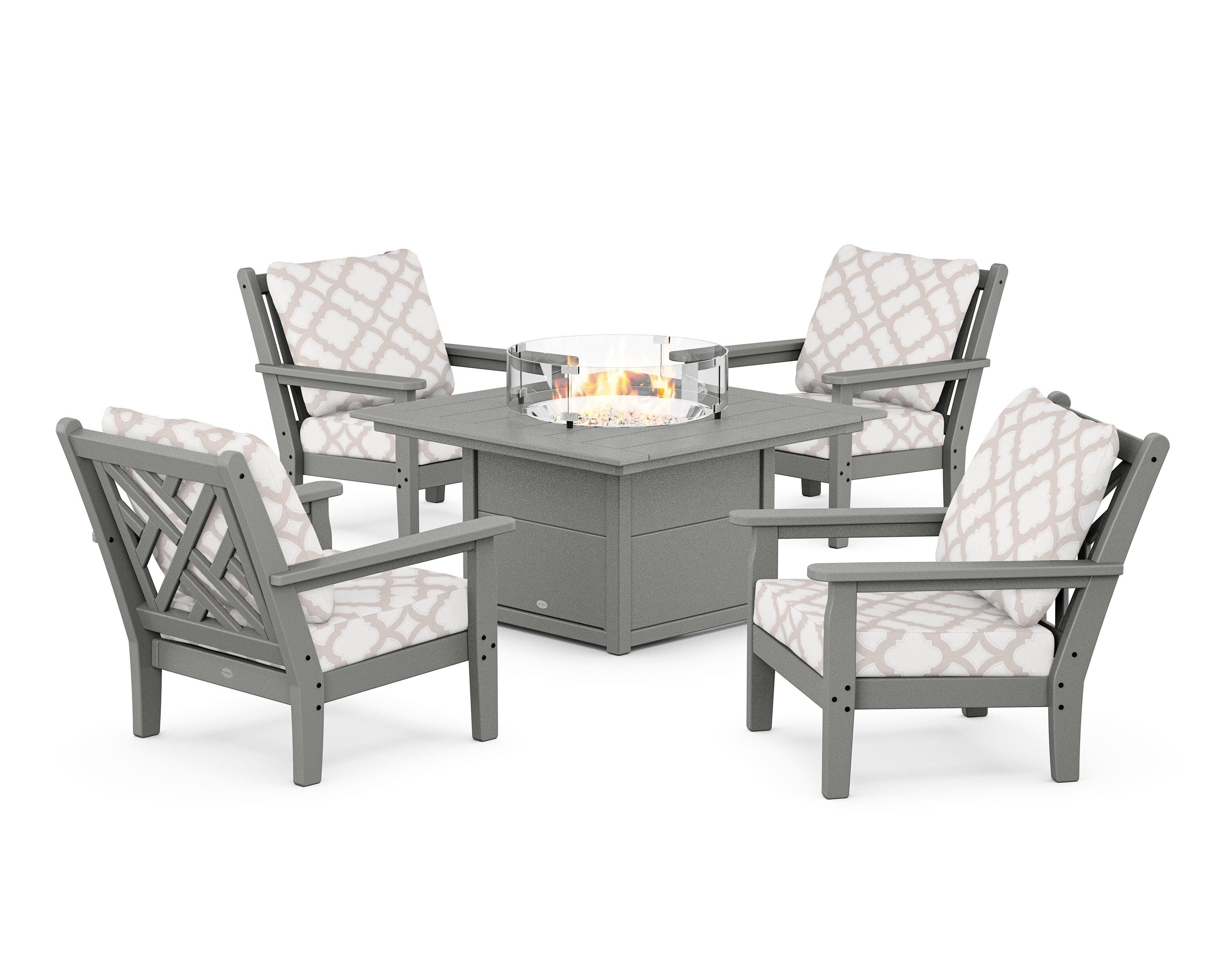 POLYWOOD® Chippendale 5-Piece Deep Seating Set with Fire Pit Table in Slate Grey / Trellis Dune Burlap