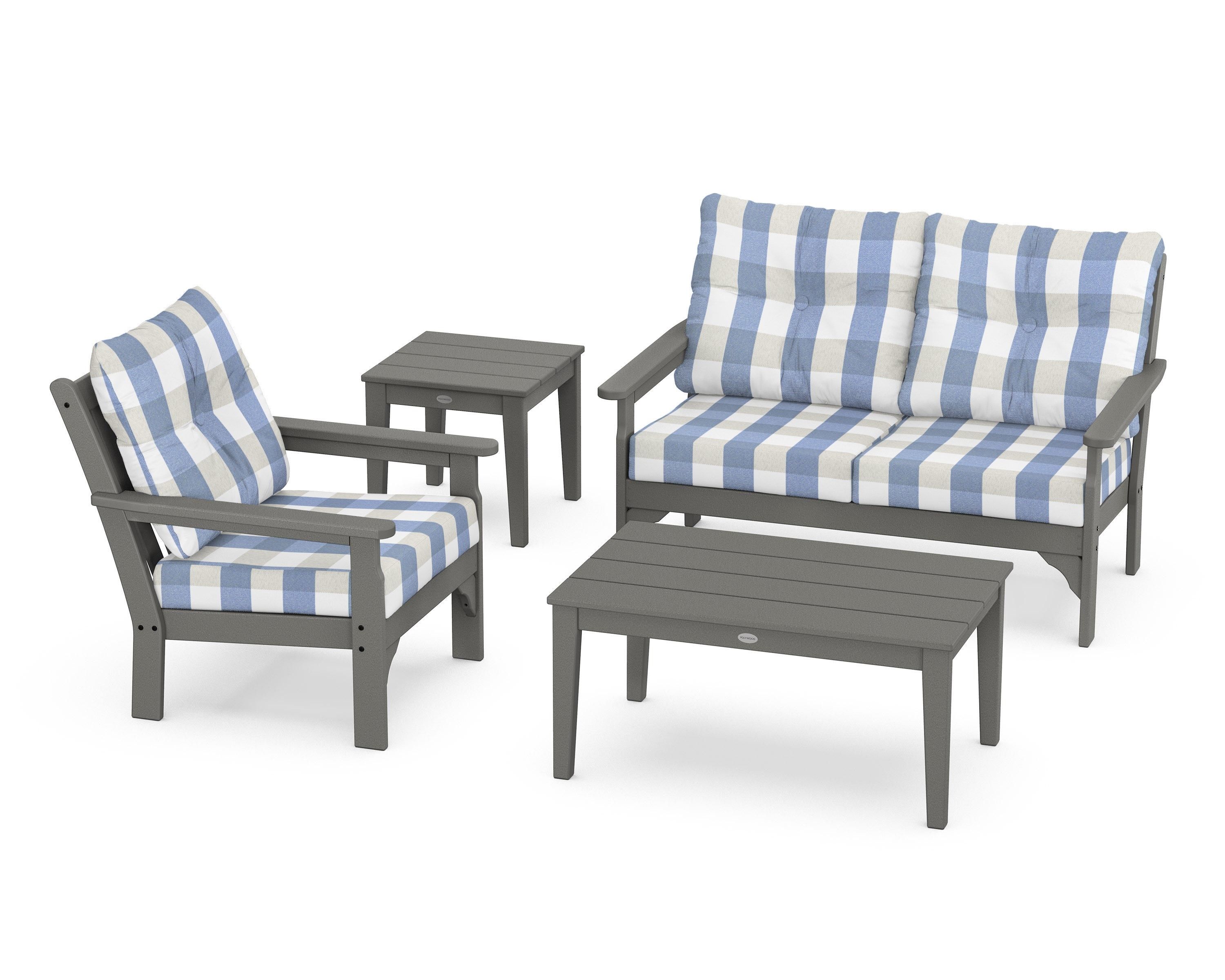 POLYWOOD® Vineyard 4-Piece Deep Seating Set in Slate Grey / Buffalo Plaid Sky Blue