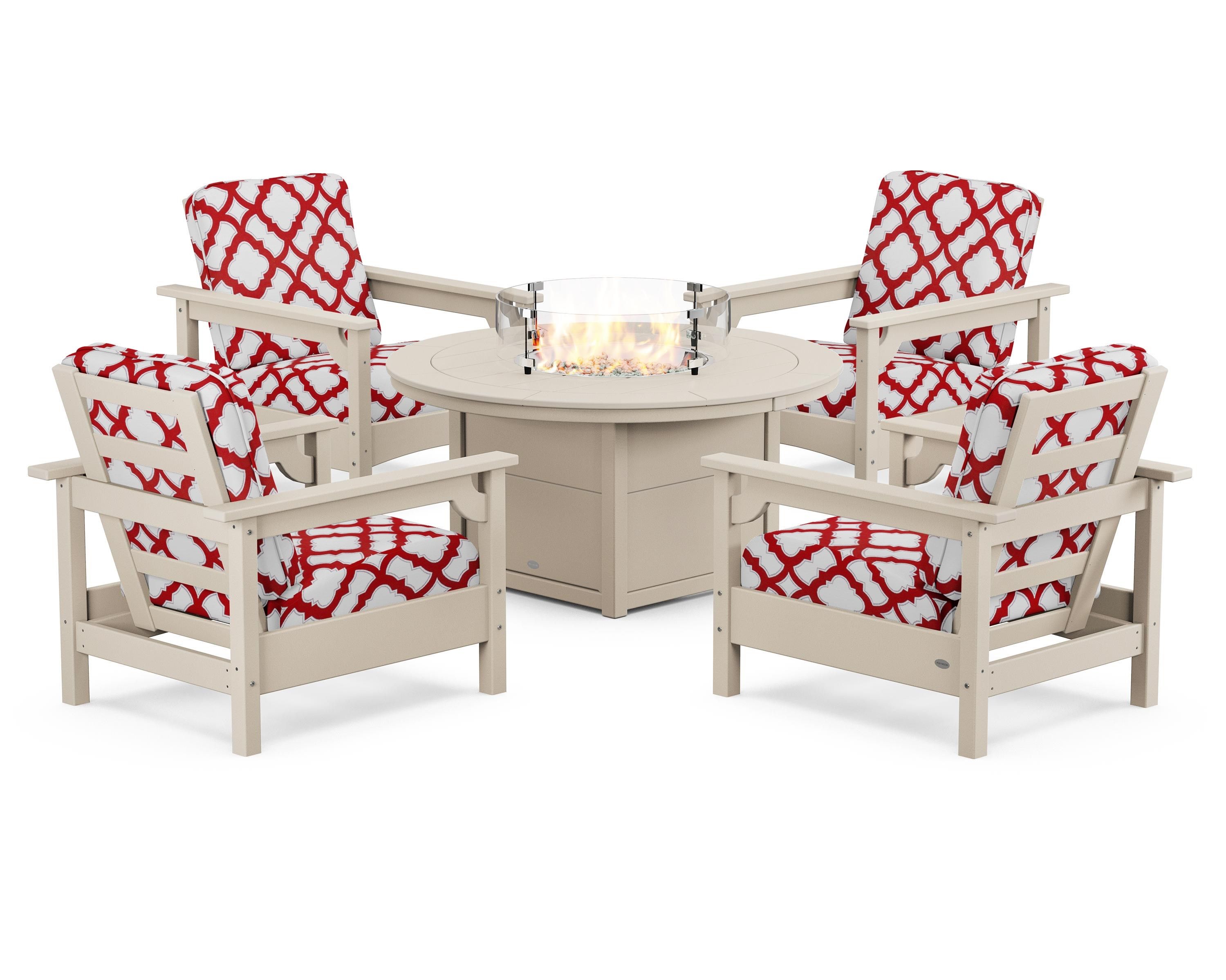 POLYWOOD® Club 5-Piece Conversation Set with Fire Pit Table in Sand / Trellis Crimson