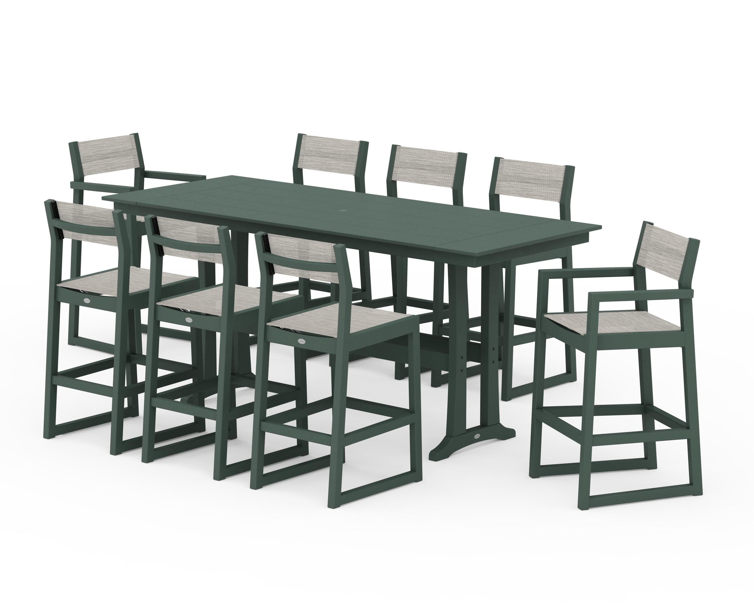 POLYWOOD® EDGE Sling 9-Piece Farmhouse Bar Set with Trestle Legs in Green / Birch Sling
