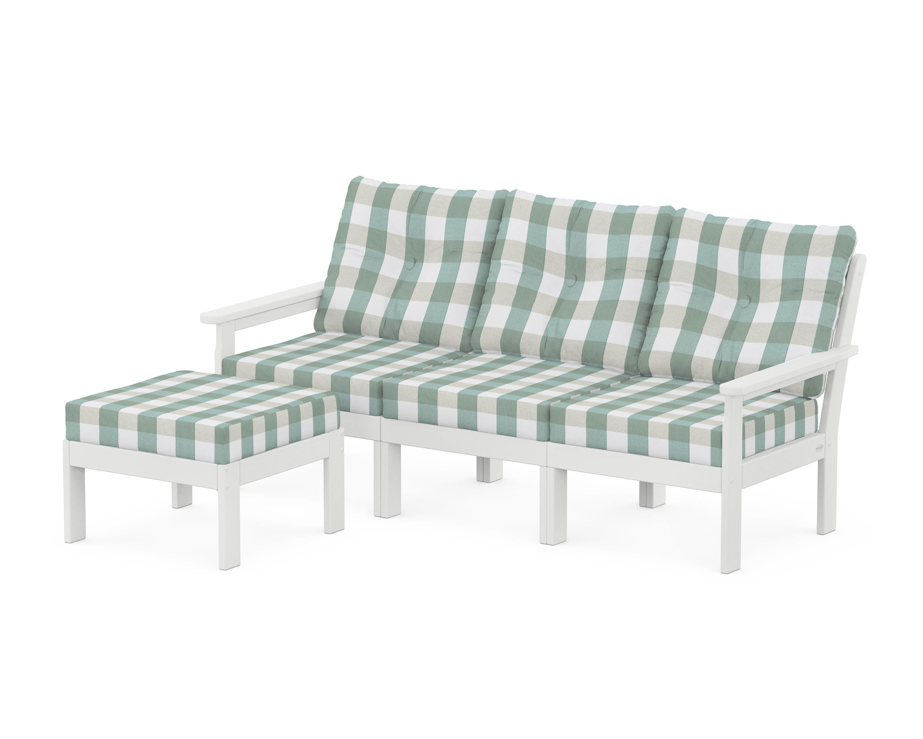 POLYWOOD® Vineyard 4-Piece Sectional with Ottoman in White / Buffalo Plaid Glacier Spa